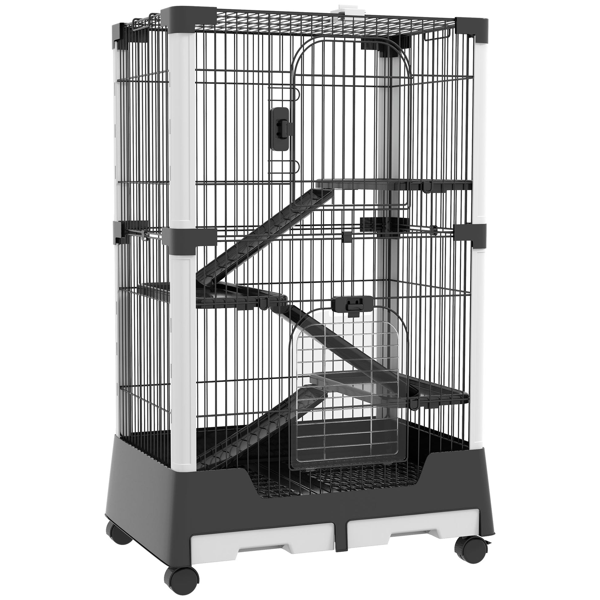 Pawhut Jaula Para Animales Pequeños Con Ruedas 114x75x50 Cm 3 Plataformas Negro_0