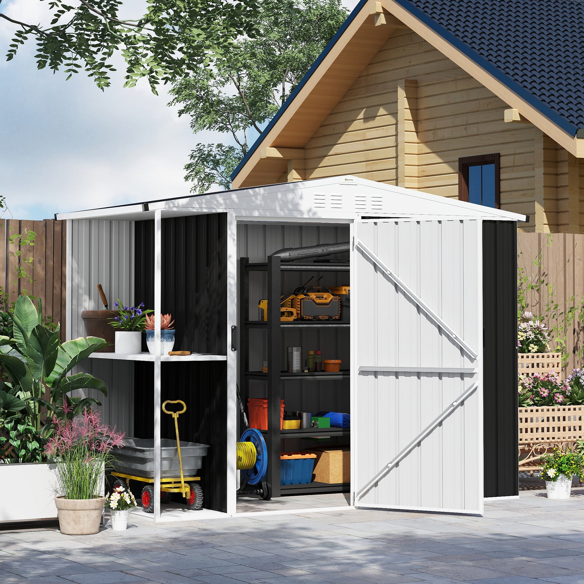 Outsunny Caseta De Jardín Exterior 2,7m² 245x117x180 Cm Con Estante De 2 Niveles_1
