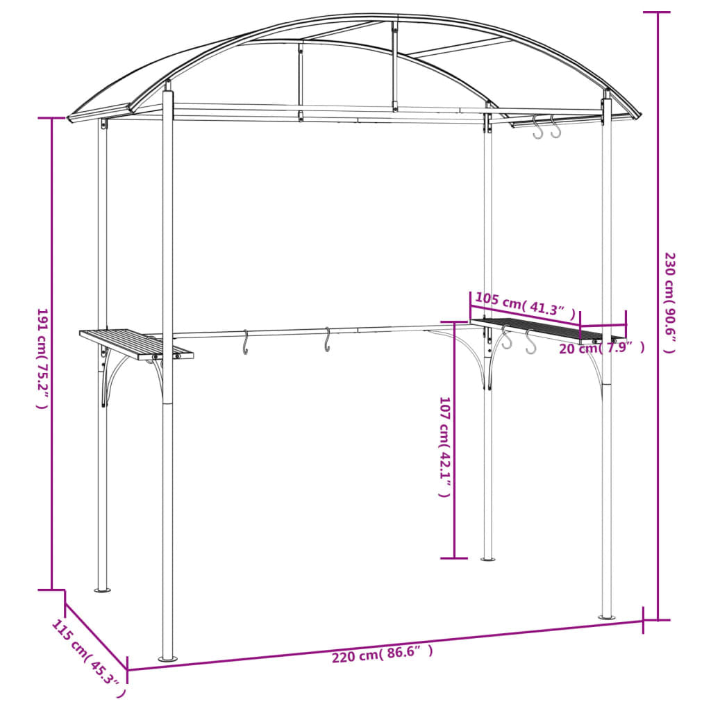 Vidaxl Cenador Barbacoa Estante Lateral Acero Antracita 220x115x230 Cm_2