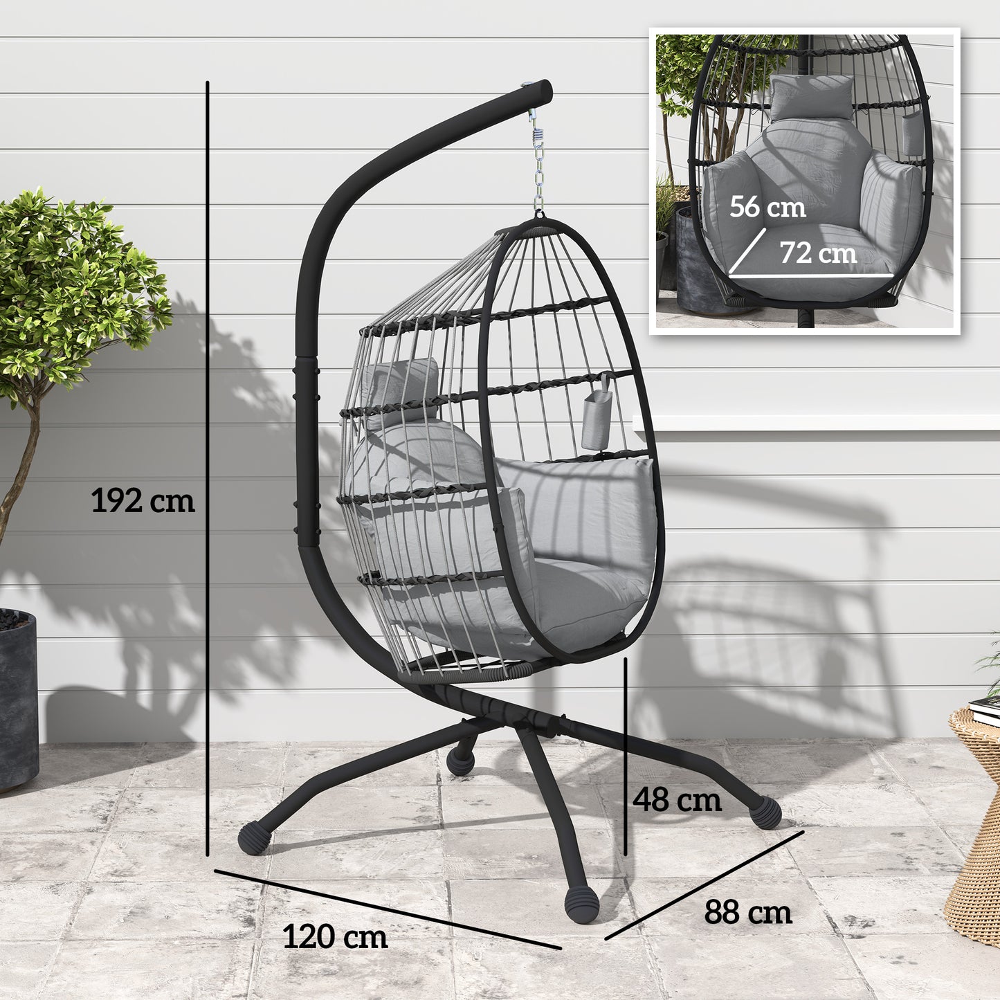 Outsunny Silla Colgante Huevo Con Soporte Cesta Plegable Cojín Carga 120kg Gris_2