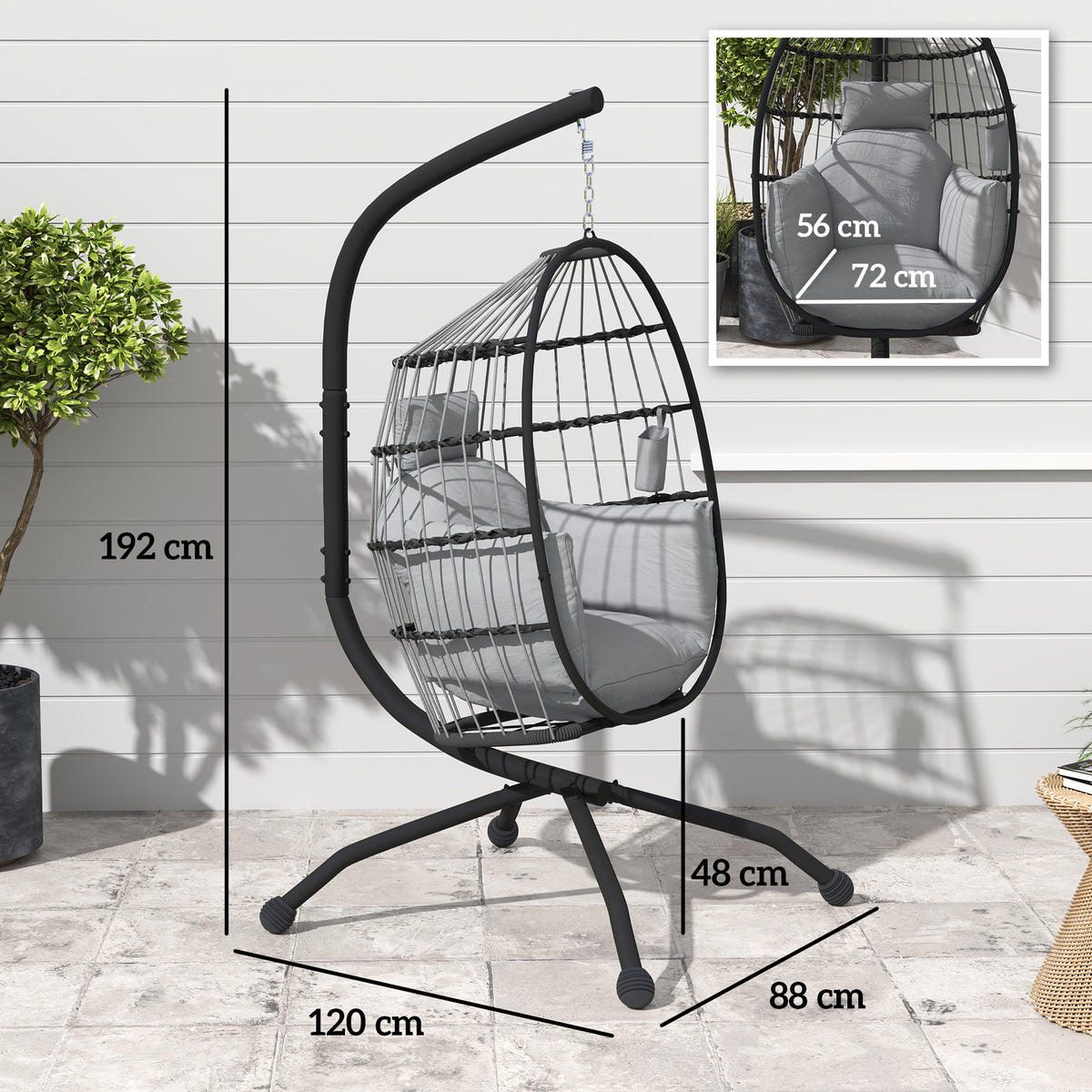 Outsunny Silla Colgante Huevo Con Soporte Cesta Plegable Cojín Carga 120kg Gris_2