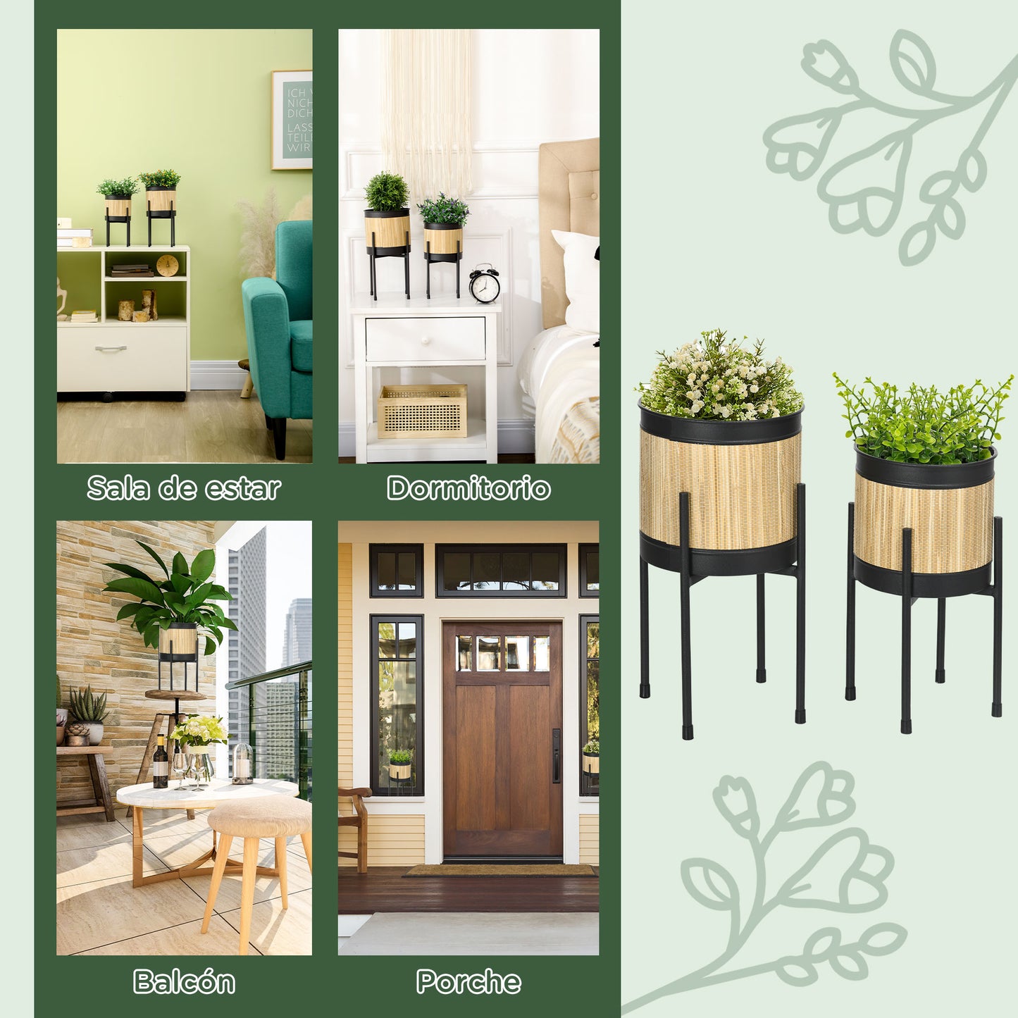 Outsunny Juego De 2 Soportes Para Plantas De Metal Cubierta De Totora Para Salón_5