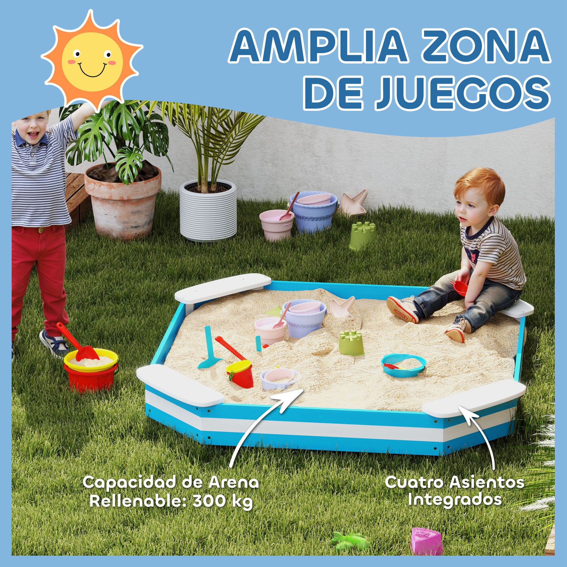 Aiyaplay Arenero Para Niños De +3 Años Con 4 Asientos 133x133x16 Cm Azul Blanco_3