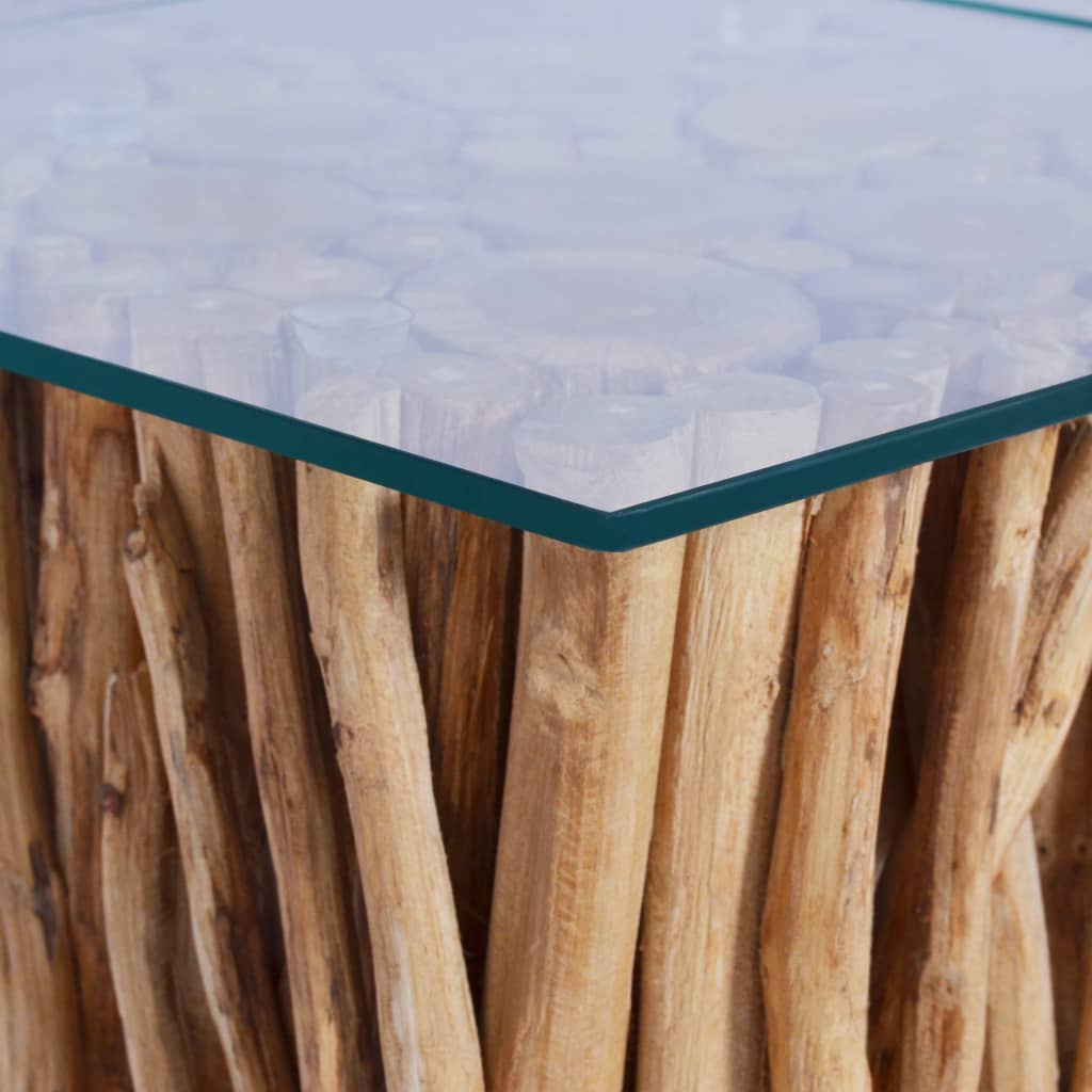 Mesa De Centro Con Superficie De Vidrio Teca Maciza 66x66x40 Cm_1