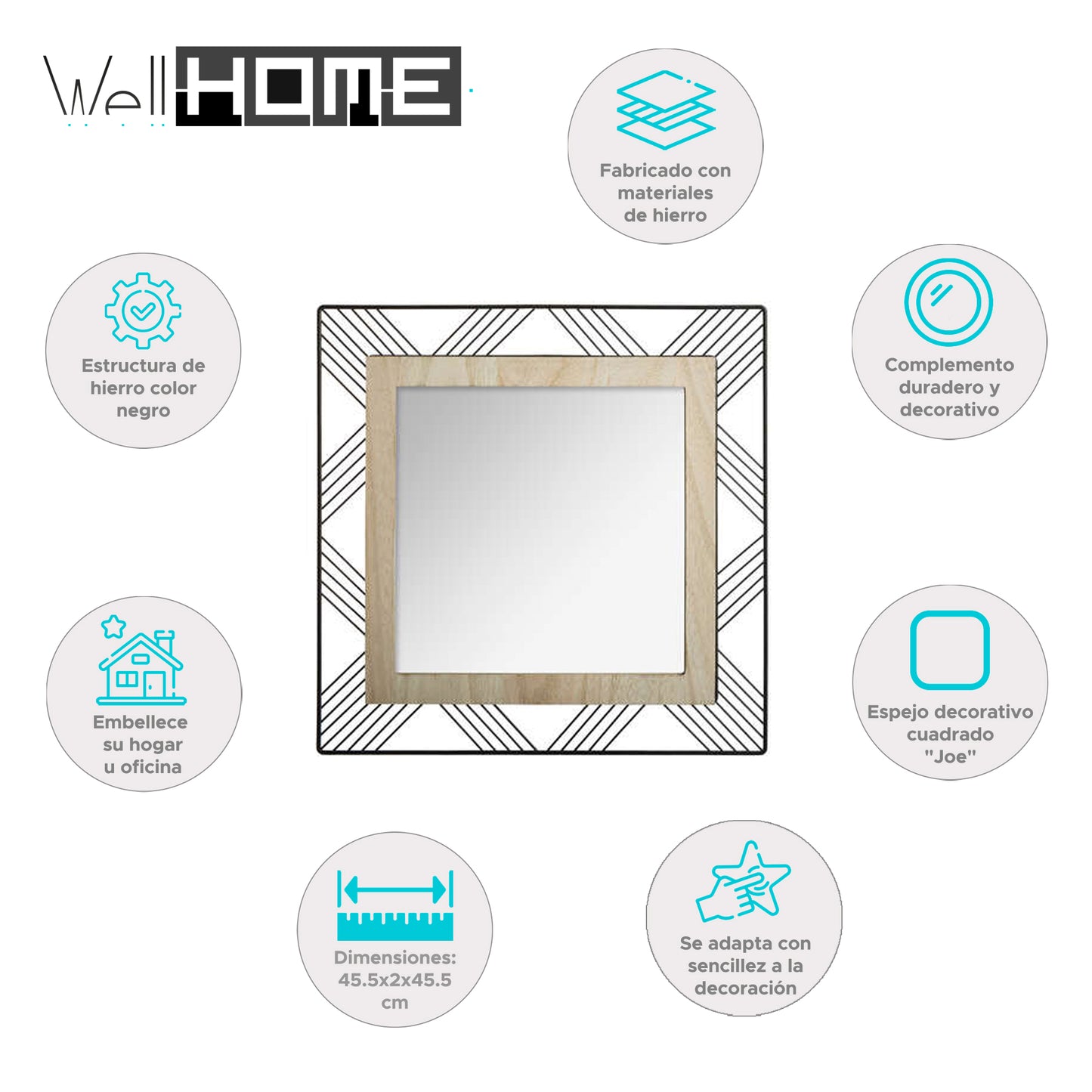 Wellhome Espejo Cuadrado Metal Y Madera 45,5x2x45,5cm