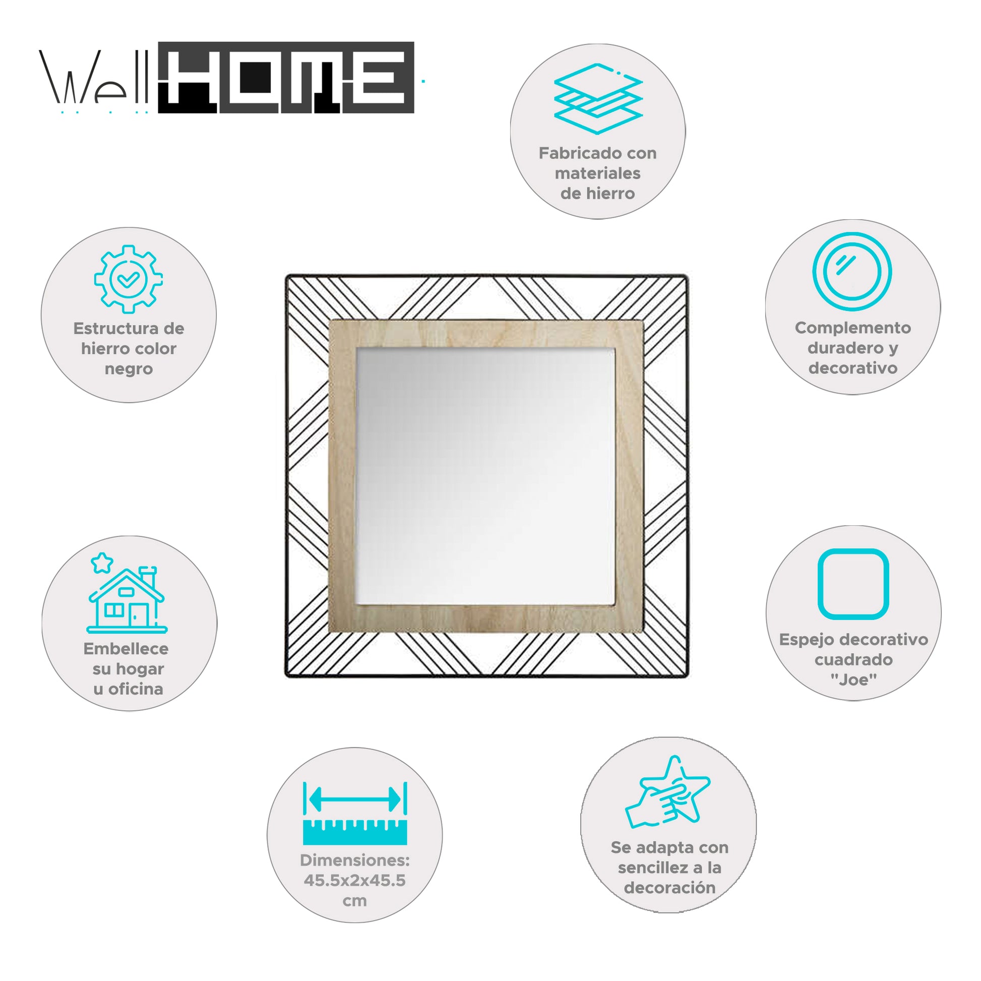 Wellhome Espejo Cuadrado Metal Y Madera 45,5x2x45,5cm_1