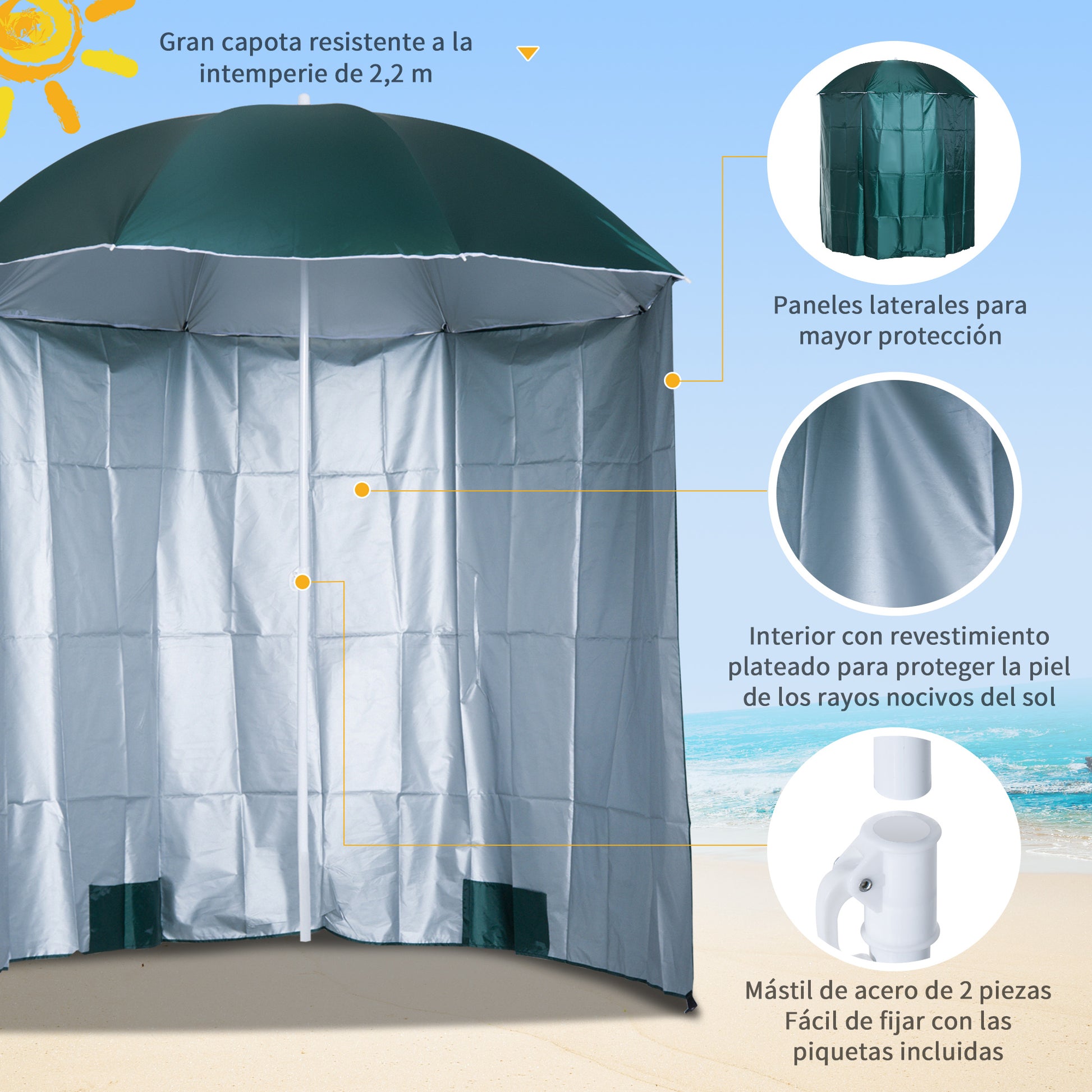 Outsunny Sombrilla De Playa Con Panel Lateral Apertura Manual Ø220x220 Cm Verde_3