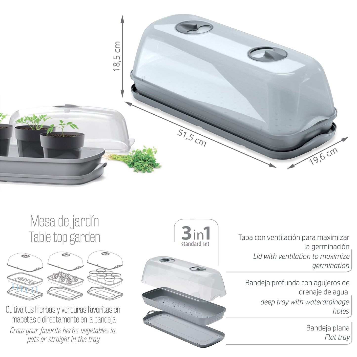 Semillero/bandeja Multiusos Respana Table Greenhouse, Dimensiones (mm) 515x196x185, Color Gris Piedra
