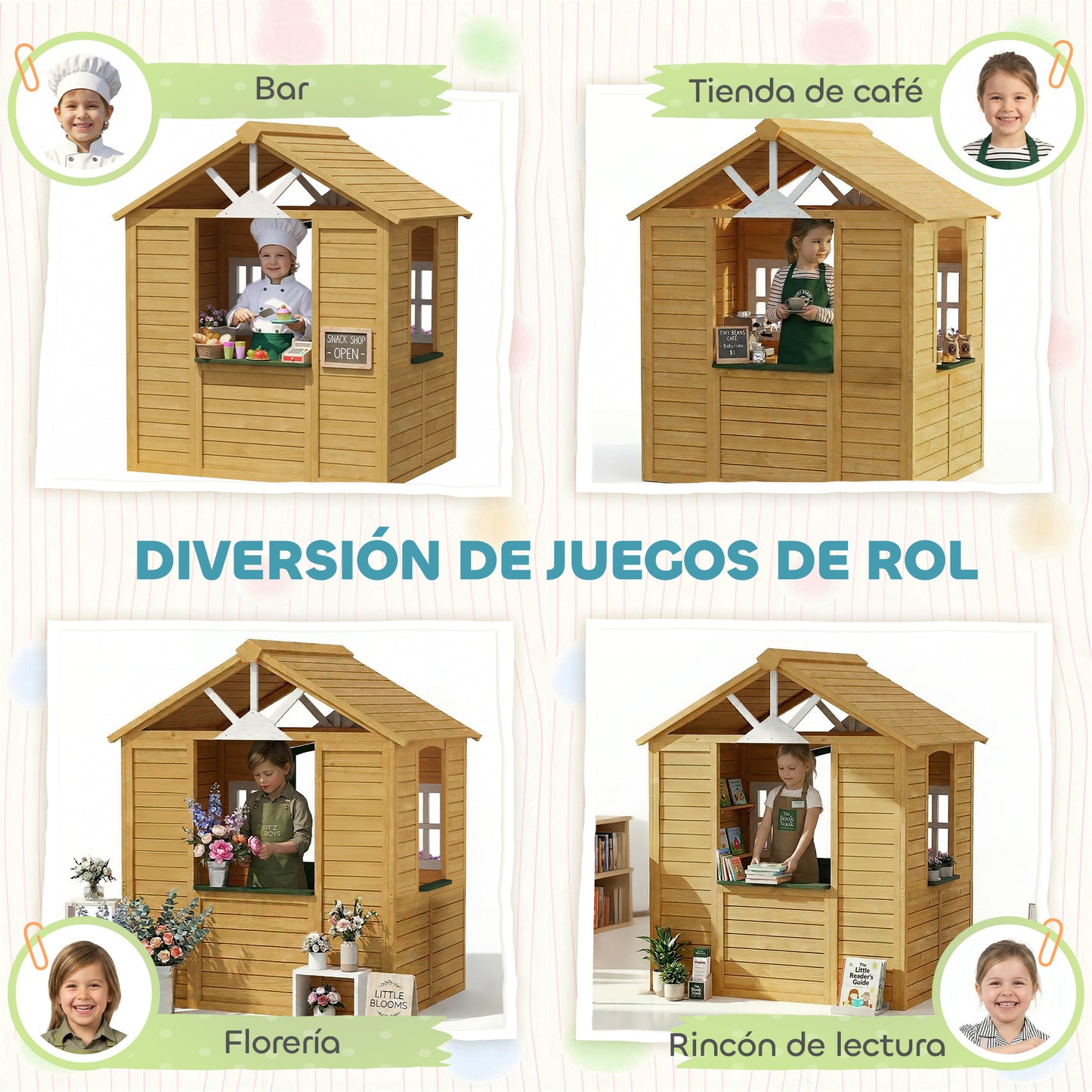 Aiyaplay Casita Infantil Exterior E Interior De Madera Con 2 Maceteros Marrón_5