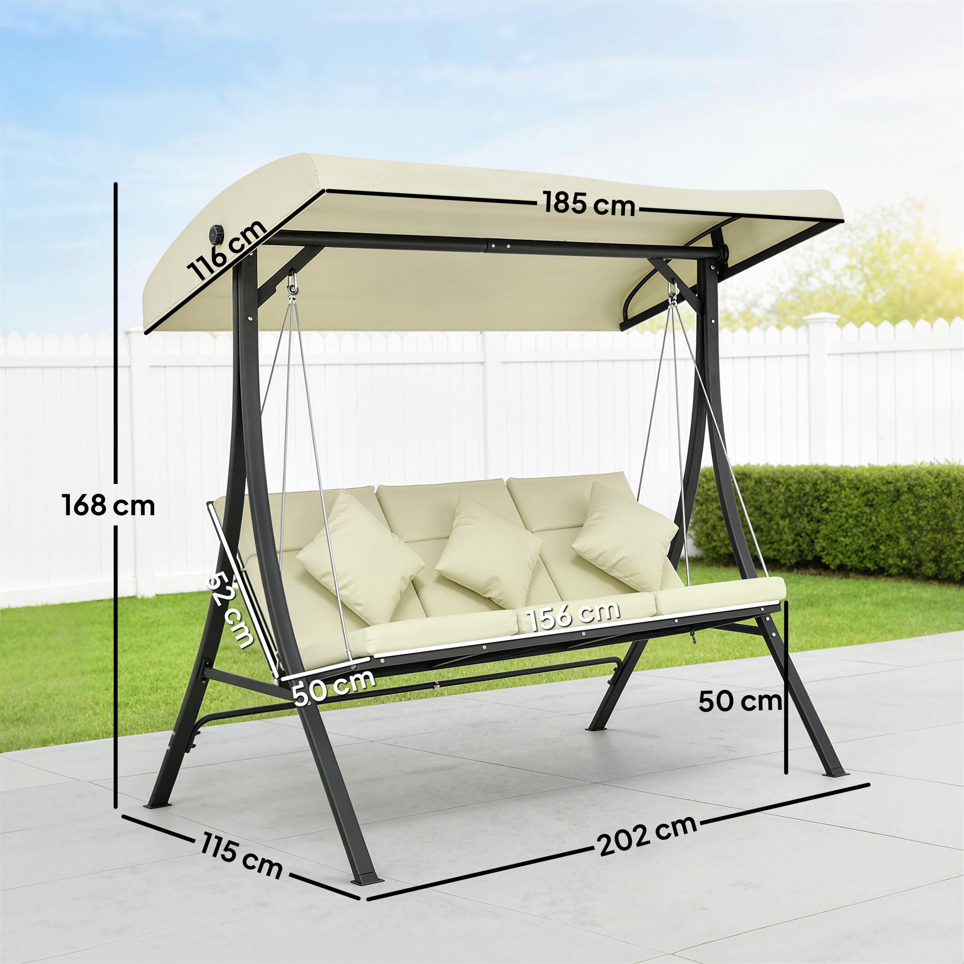 Outsunny Columpio De Jardín De 3 Plazas Con Techo Ajustable 202x115x168 Cm Beige_2