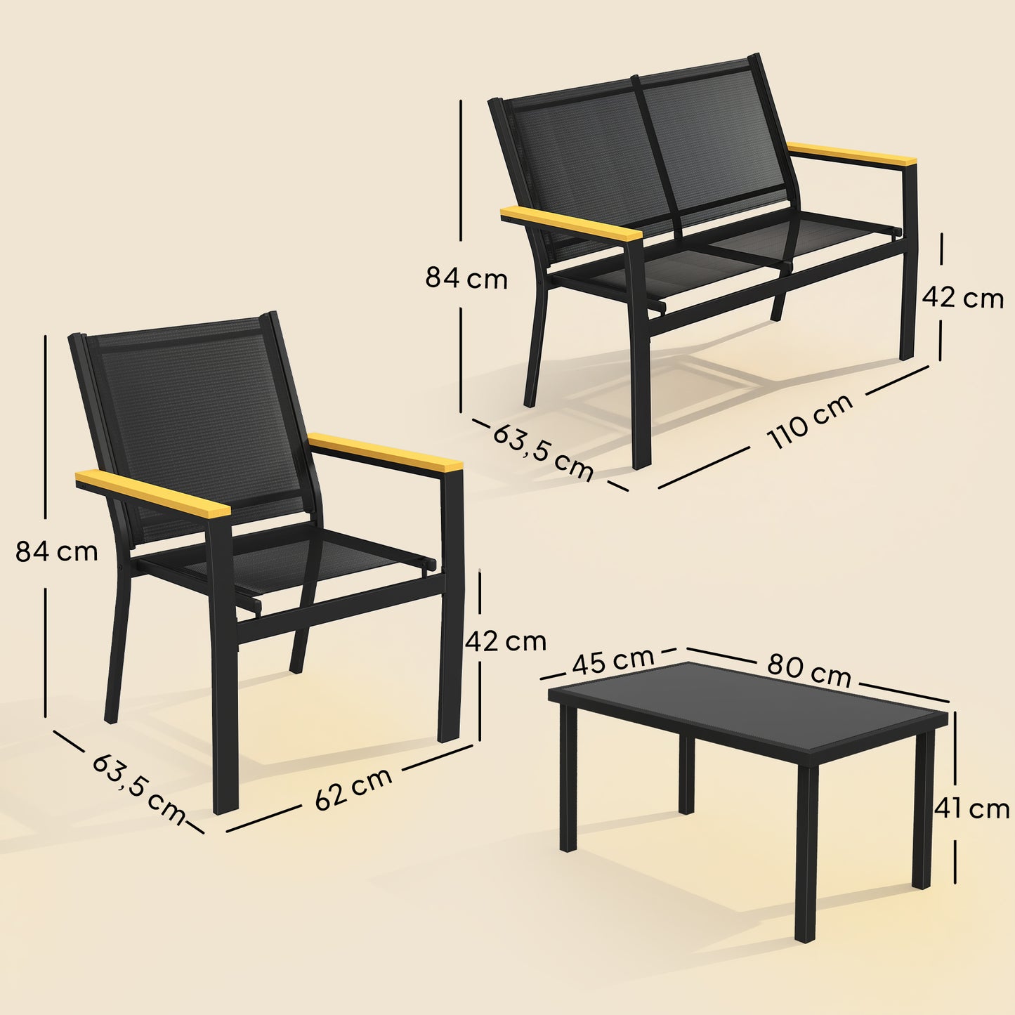 Outsunny Juego Jardín Exterior De 4 Piezas Tela Textilene Mesa De Cristal Negro_2