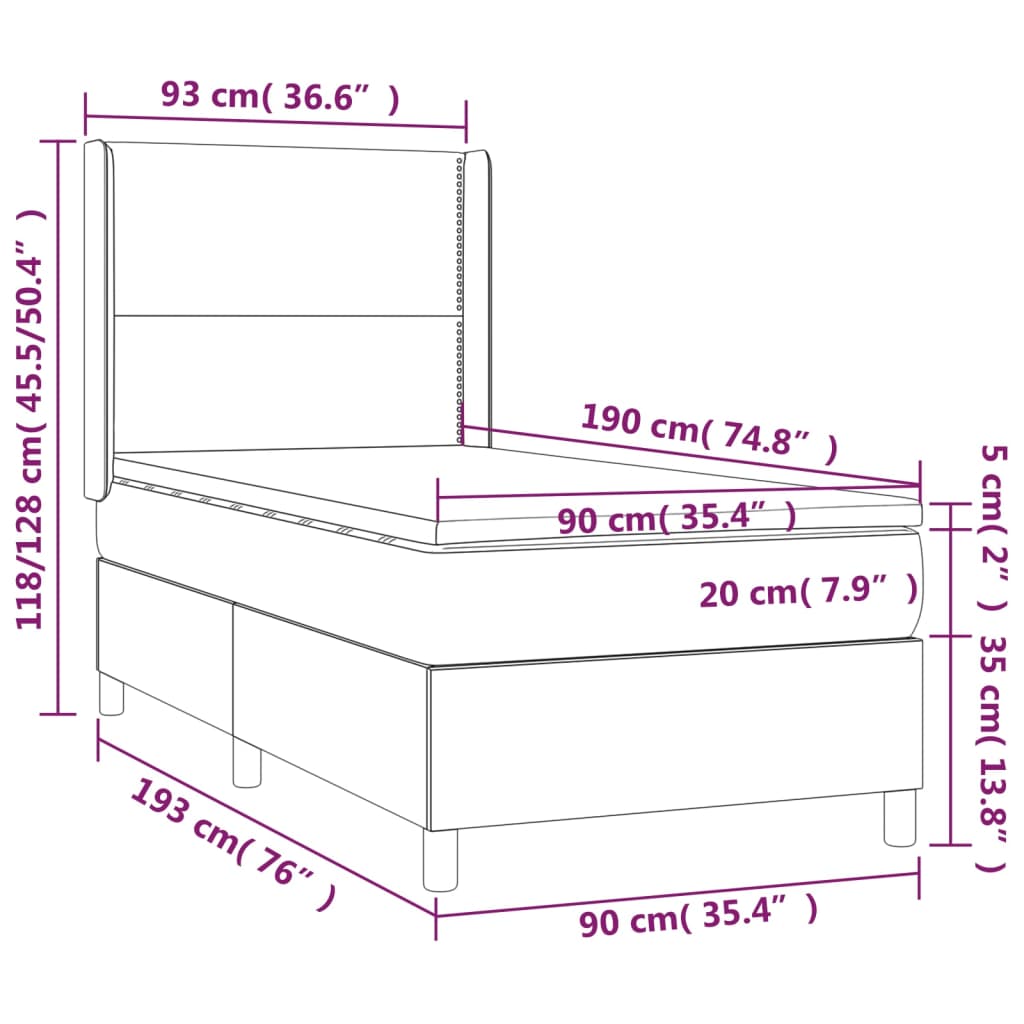 Cama Box Spring Colchón Y Luces Led Tela Negro 90x190 Cm / Vetonek_3