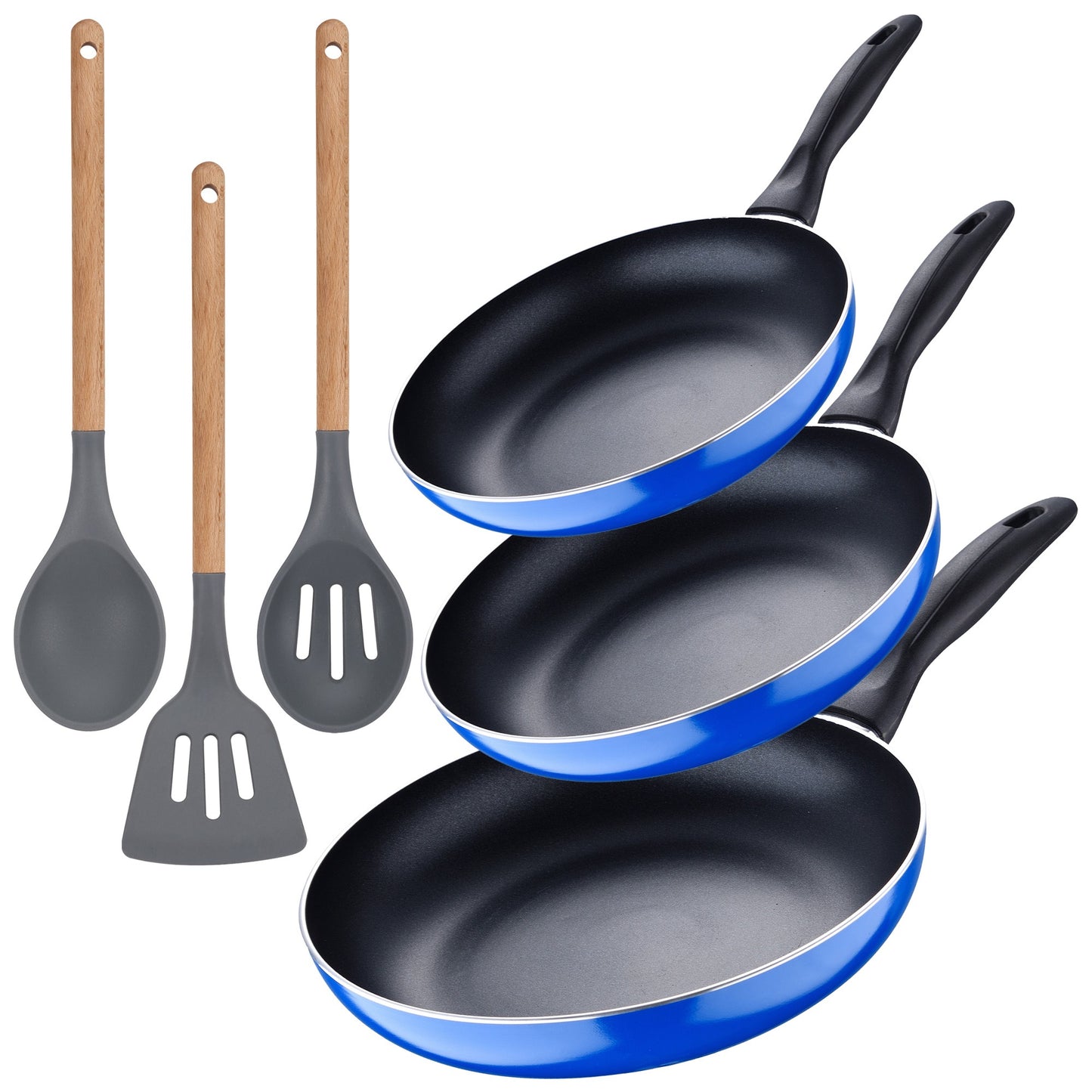 Set 3pc Sarten (16+20+24cm) Aluminio Prensado, Inducción, Azul Navy Paradise Con Set 3pc Utensilios De Cocina Silicona Madera_0