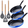 Set 3pc Sarten (16+20+24cm) Aluminio Prensado, Inducción, Azul Navy Paradise Con Set 3pc Utensilios De Cocina Silicona Madera