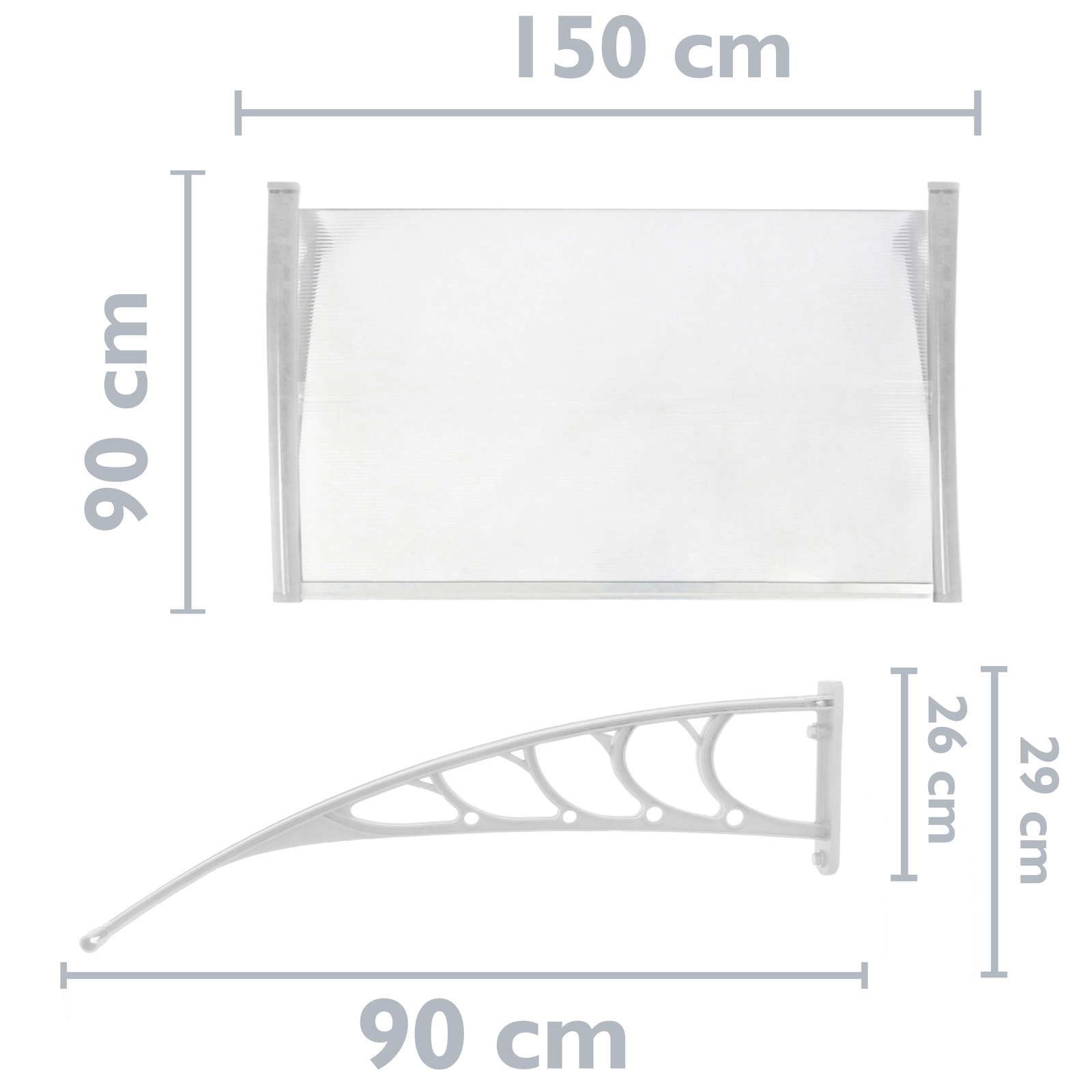 Tejadillo De Protección 150x90 Cm Transparente. Marquesina Para Puertas Y Ventanas Con Soporte Blanco_1