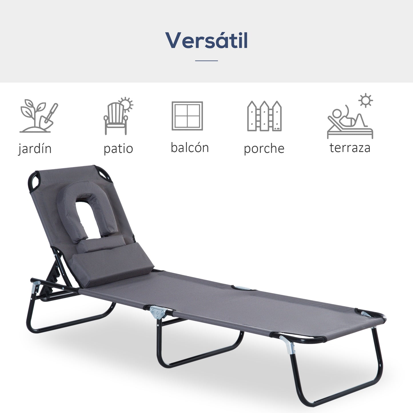 Outsunny Tumbona Plegable De Jardín Con Respaldo Ajustable Almohada Acero Gris_4