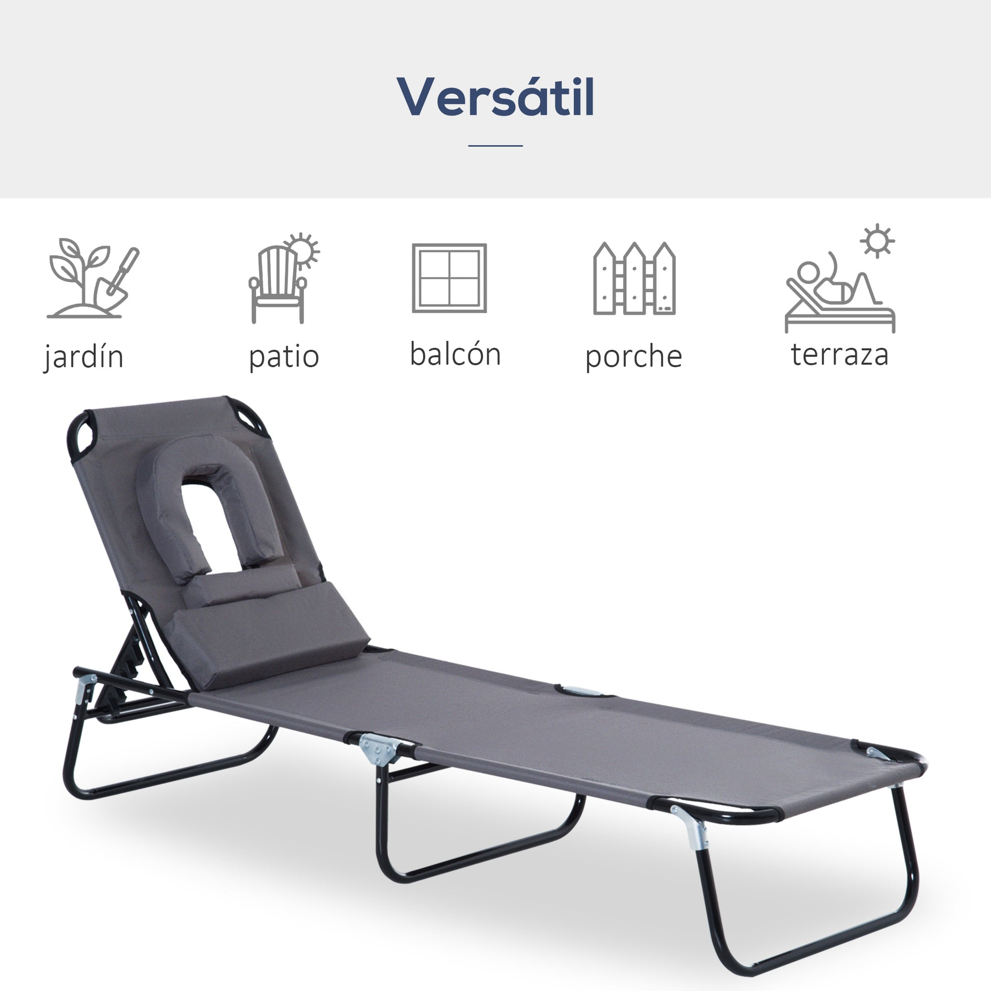 Outsunny Tumbona Plegable De Jardín Con Respaldo Ajustable Almohada Acero Gris_4