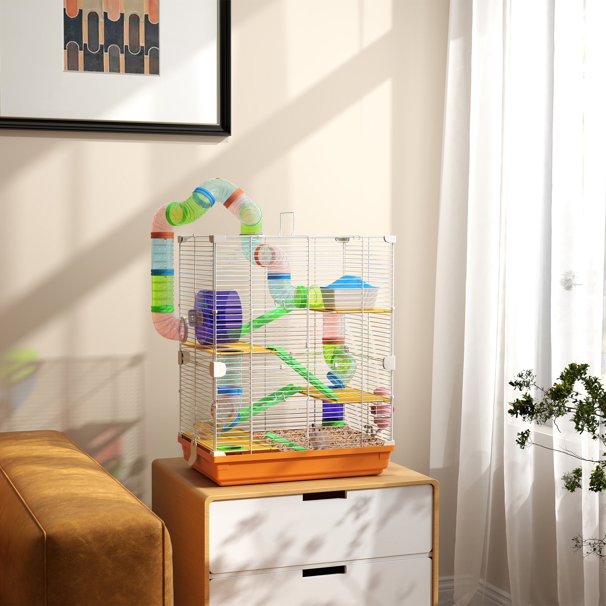 Pawhut Jaula Para Hámster Con Túnel Cuenco Bebedero 46x30x58 Cm Naranja_1