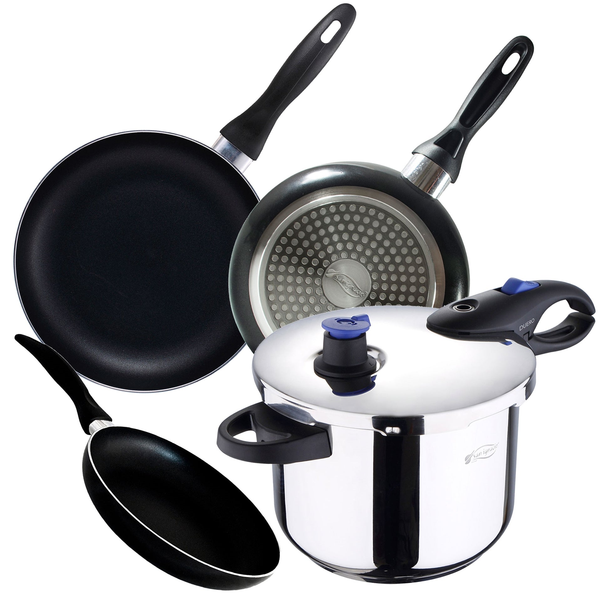 Juego De 3 Sartenes 16/20/24cm En Aluminio Prensado + Olla A Presión Ø22cm De 5,5l En Acero Inoxidable San Ignacio_0