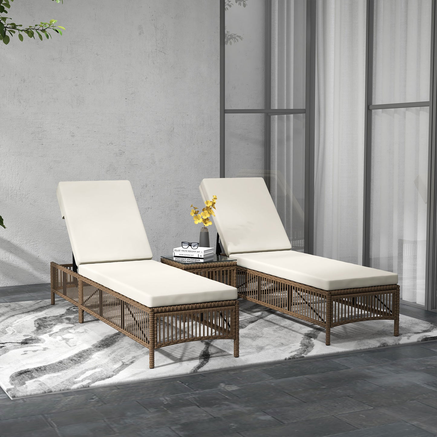 Outsunny Conjunto De 2 Tumbonas De Ratán Con Mesa De Centro Beige_1