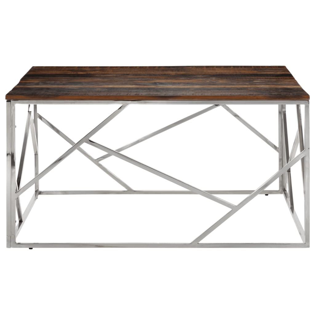 Mesa De Centro Acero Inoxidable Madera Maciza Traviesa Plateado_0