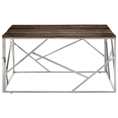 Mesa De Centro Acero Inoxidable Madera Maciza Traviesa Plateado_0