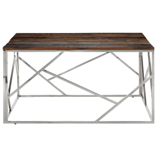 Mesa De Centro Acero Inoxidable Madera Maciza Traviesa Plateado_0