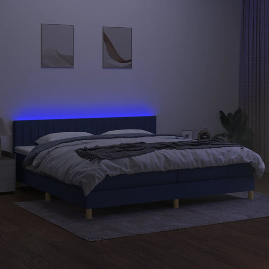 Cama Box Spring Con Colchón Y Led Tela Azul 200x200 Cm / Vetonek_0