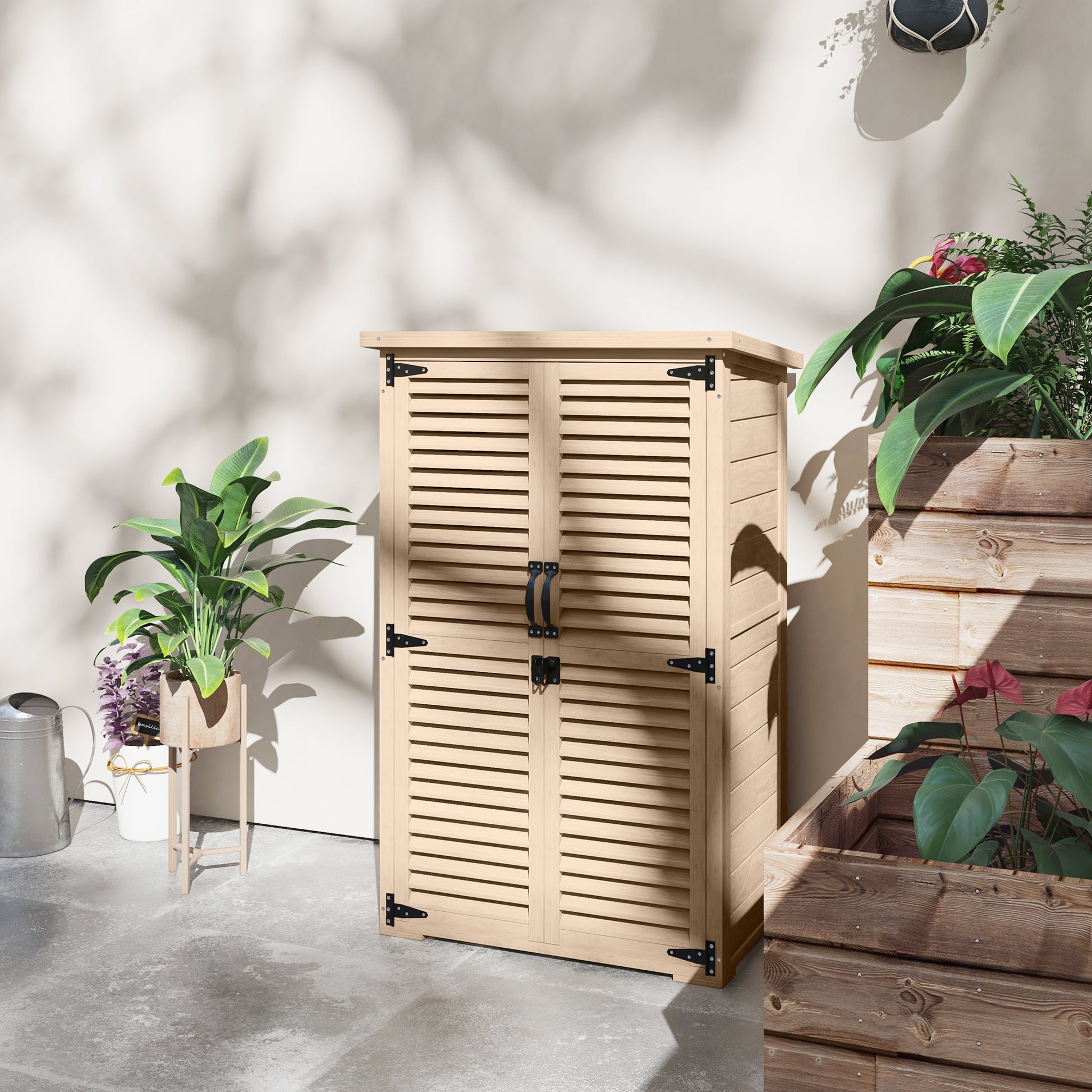 Outsunny Caseta De Jardín De Madera 75x50x118 Cm Con 2 Estantes Puertas Natural_4