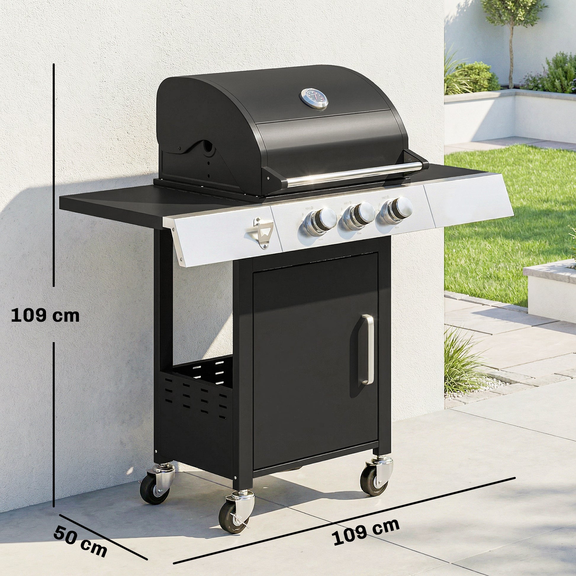 Outsunny Barbacoa De Gas Con 3 Quemadores 8,1 Kw Termómetro Mesas Laterales_2