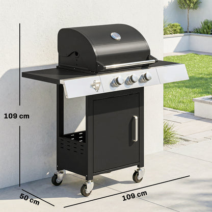 Outsunny Barbacoa De Gas Con 3 Quemadores 8,1 Kw Termómetro Mesas Laterales_2