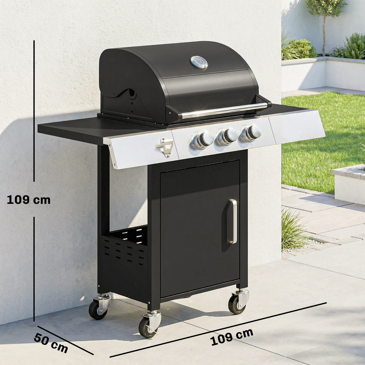 Barbacoa De Gas Outsunny Acero Inoxidable, Metal Negro 109x50x109 Cm_2