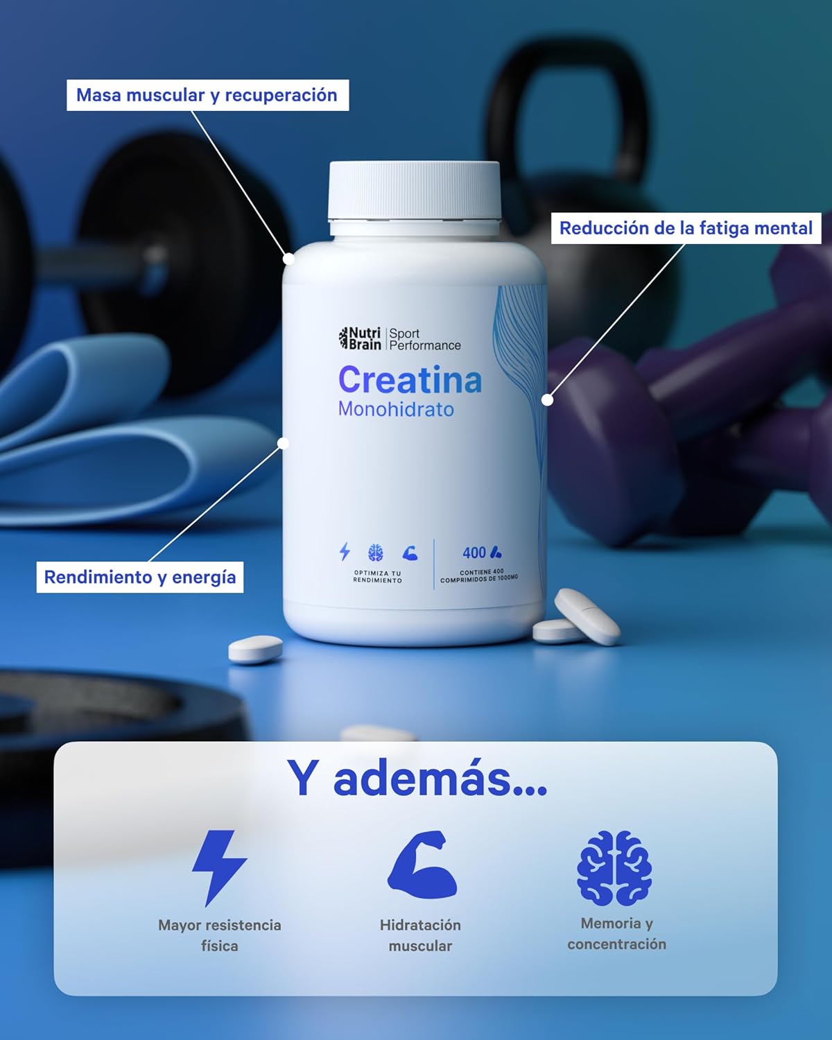 Creatina Monohidratada Rendimiento Deportivo Y Mental Nutribrain 400 Comprimidos_5