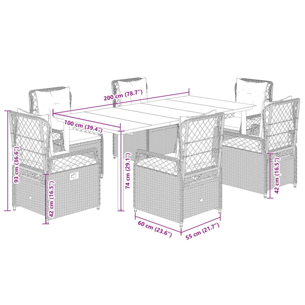 Set Comedor Jardín 7 Pzas Y Cojines Ratán Sintético Gris Claro / Vetonek_1