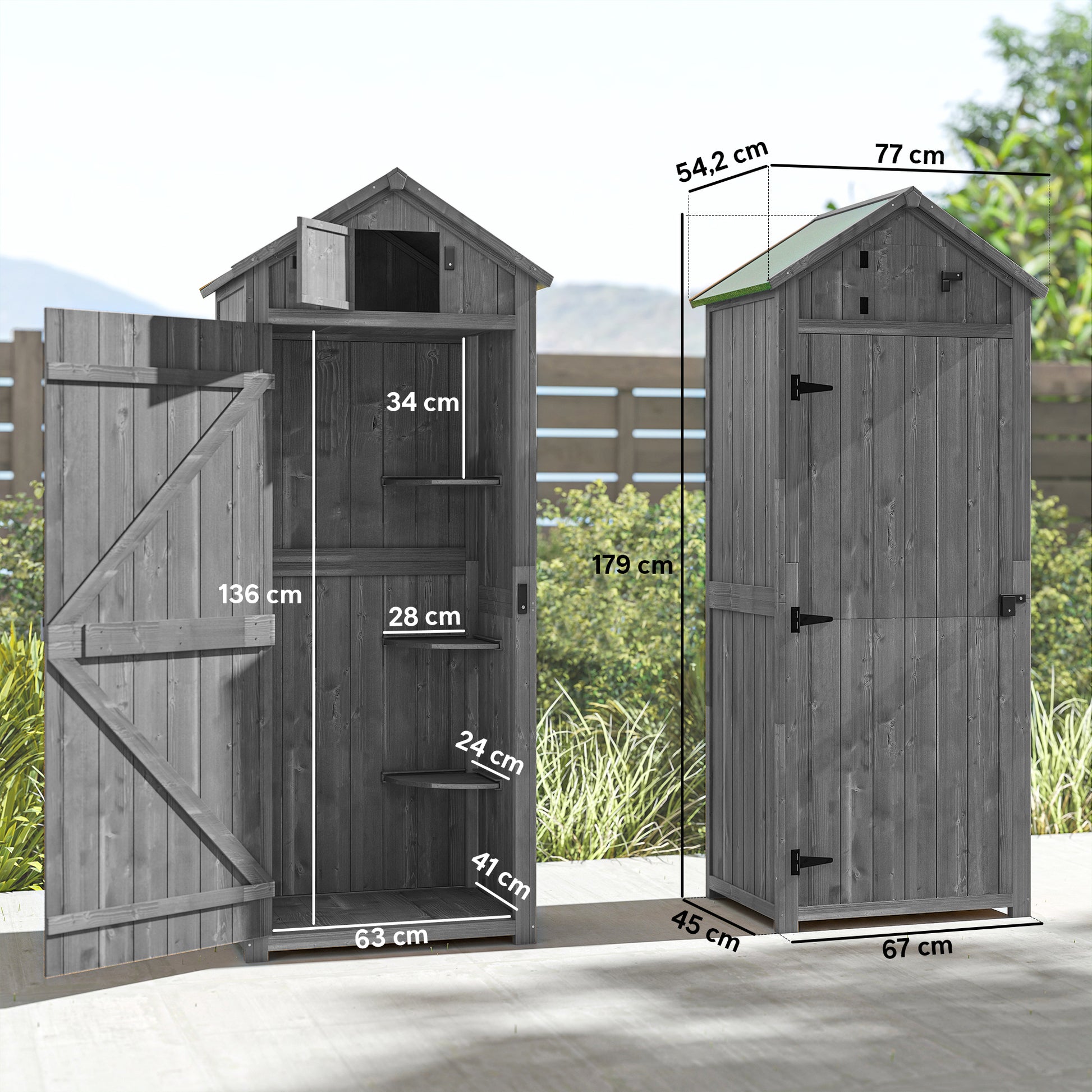 Outsunny Armario De Jardín De Madera Con 3 Estantes 0,3 M² 77x54,2x179cm Gris_2