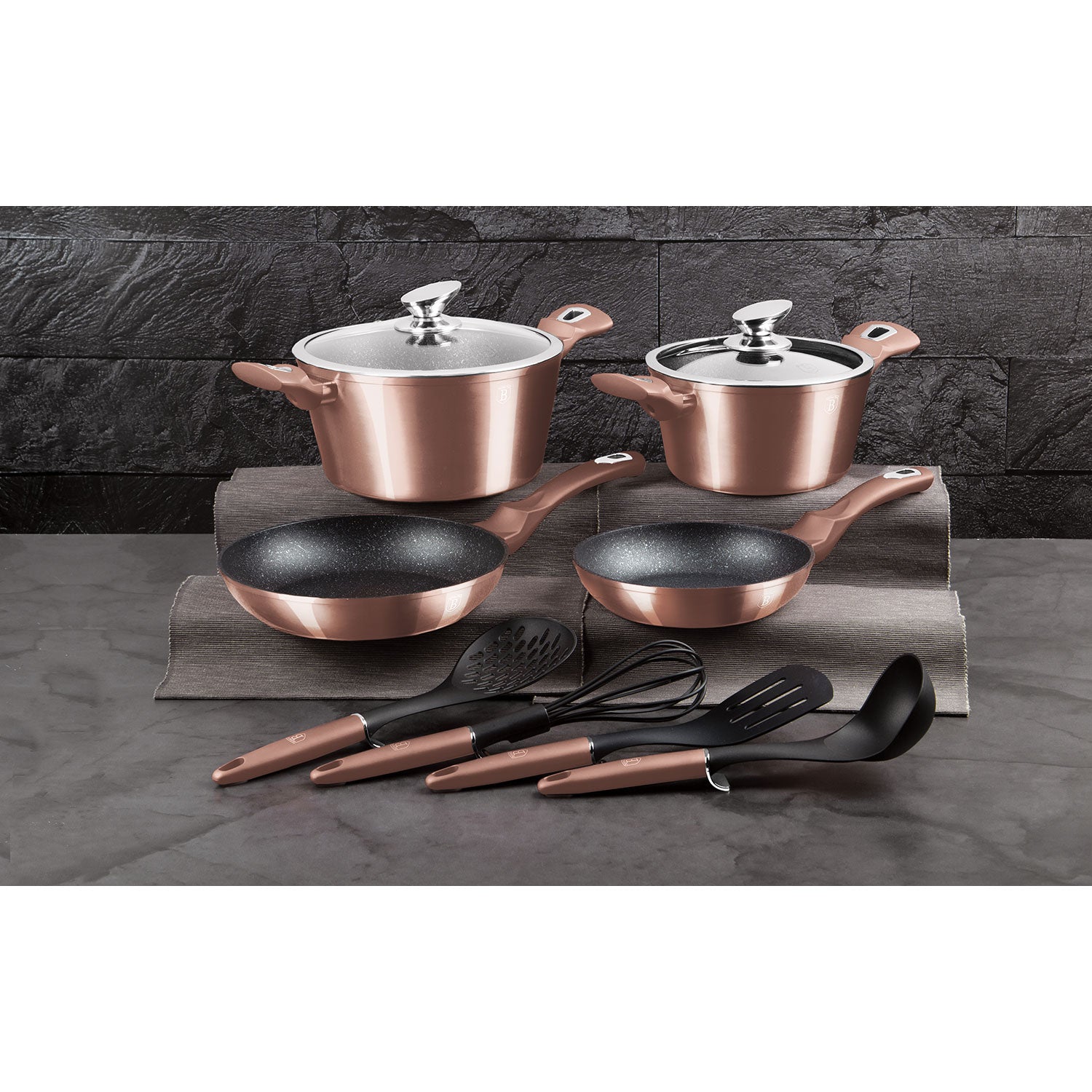Batería Cocina Inducción 10 Piezas, Antiadherente Mármol Sin Pfoa, Aluminio, Cazuelas Sartenes Berlinger Haus Rose Gold Oro Rosado_1