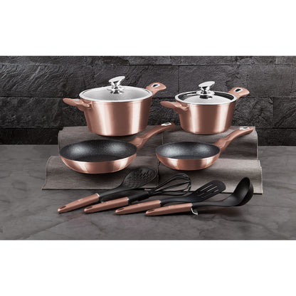 Batería Cocina Inducción 10 Piezas, Antiadherente Mármol Sin Pfoa, Aluminio, Cazuelas Sartenes Berlinger Haus Rose Gold Oro Rosado_1