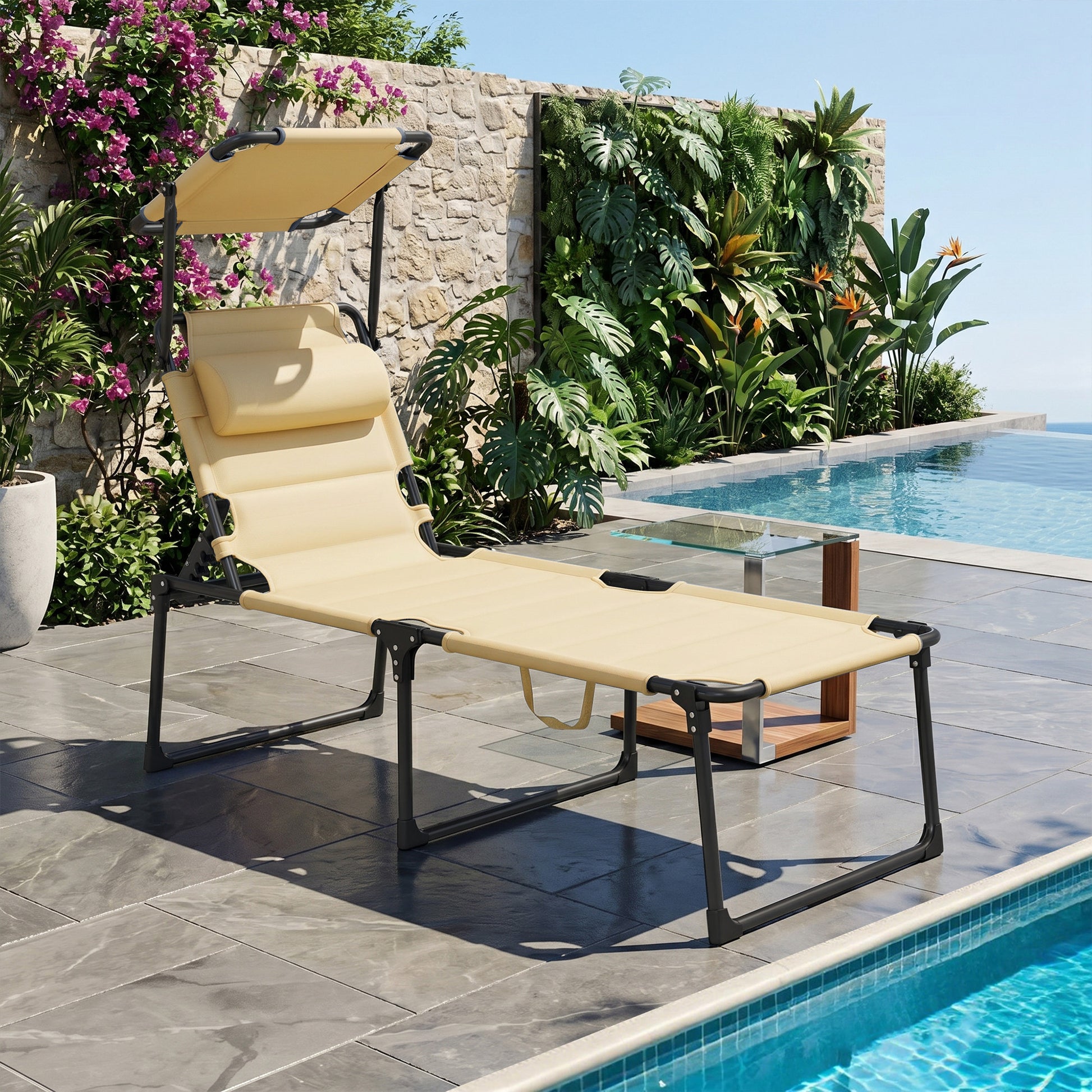 Outsunny Tumbona Plegable Con Respaldo Regulable 70x200x45 Cm Crema_1