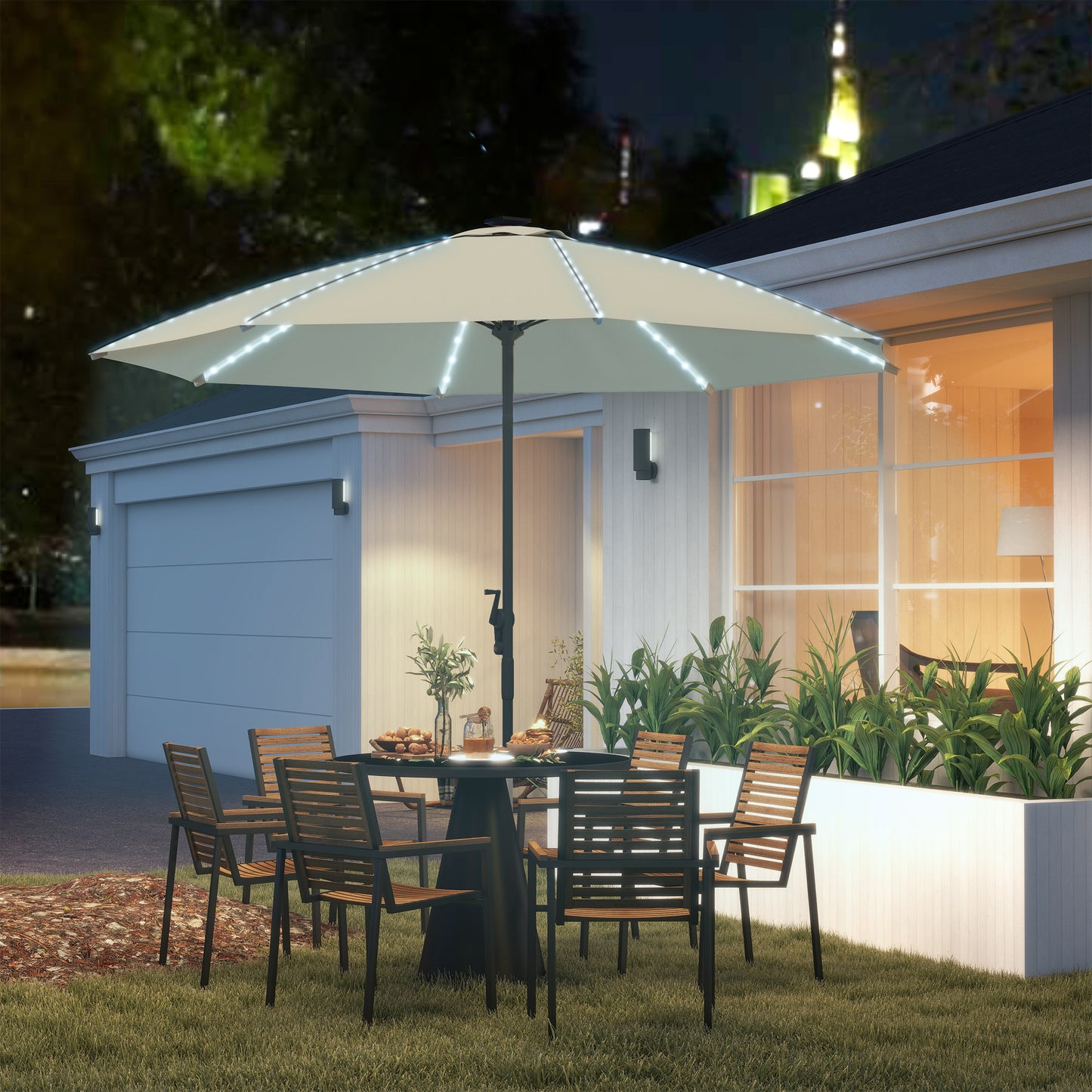 Outsunny Sombrilla Terraza Exterior Con Luces Led Ø300x256 Cm Con Manivela Crema_1