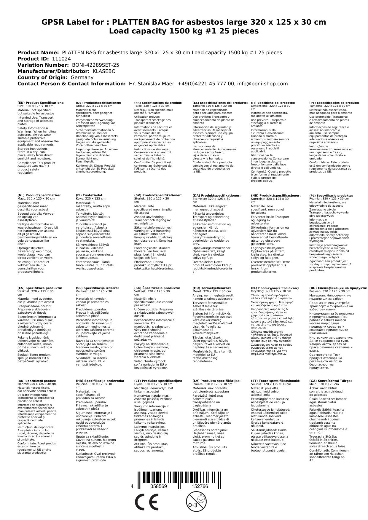 Platten Bag Für Asbest Groß 320 X 125 X 30 Cm Tragkraft 1500 Kg #1 25 Stück_1