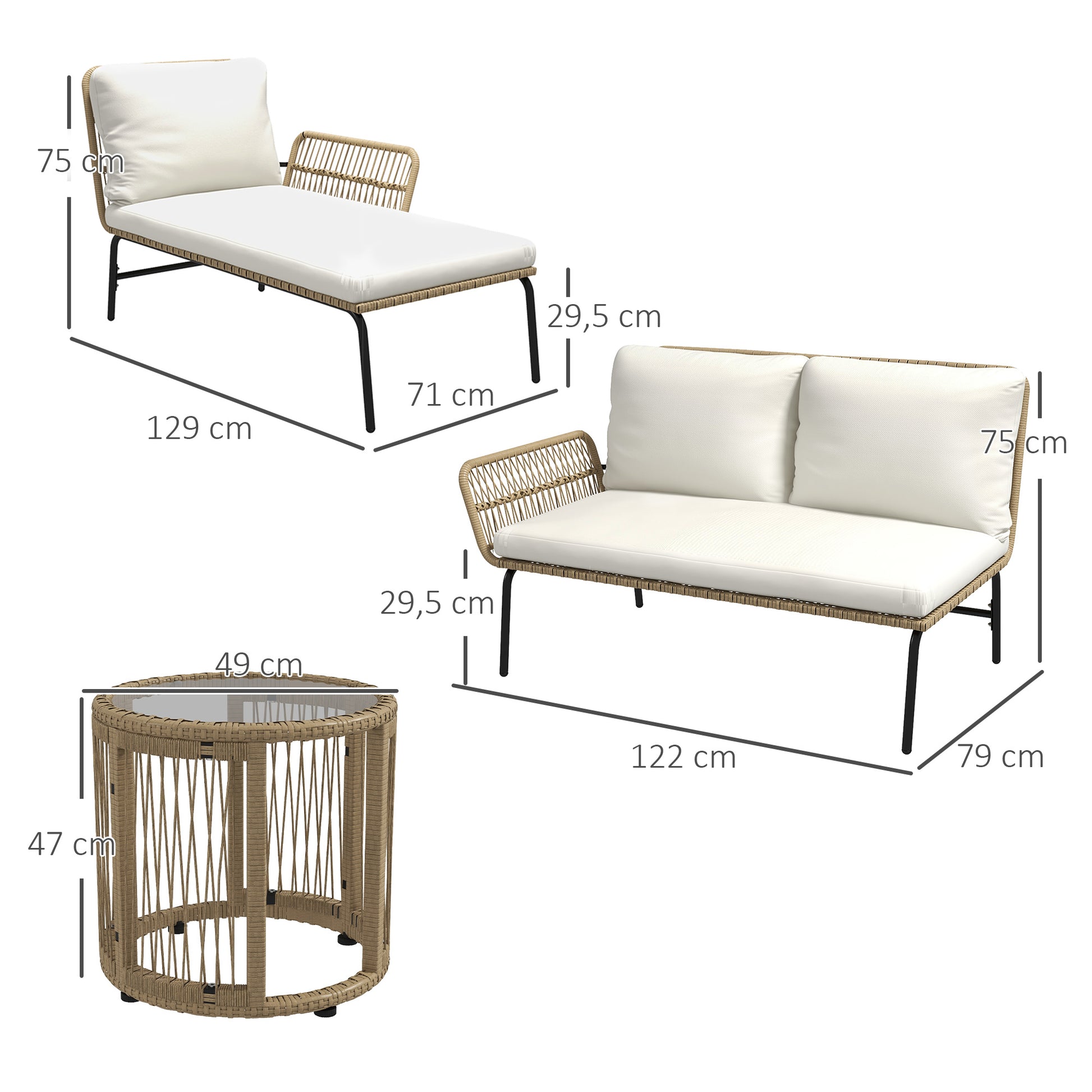 Outsunny Conjunto De Muebles De Jardín De Ratán Juego De 3 Piezas Crema_2