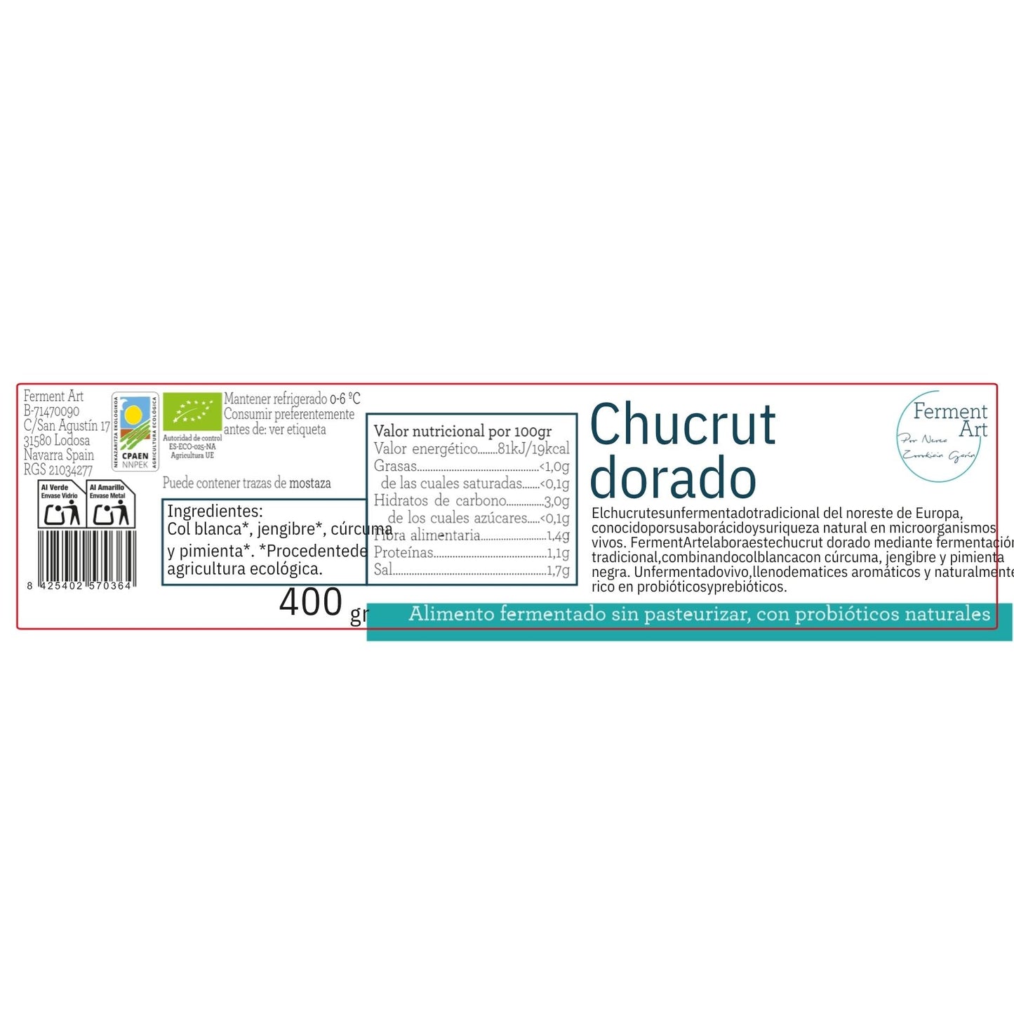 Chucrut Dorado Eco Sin Pasteurizar Ferment Art 400 Gr_1