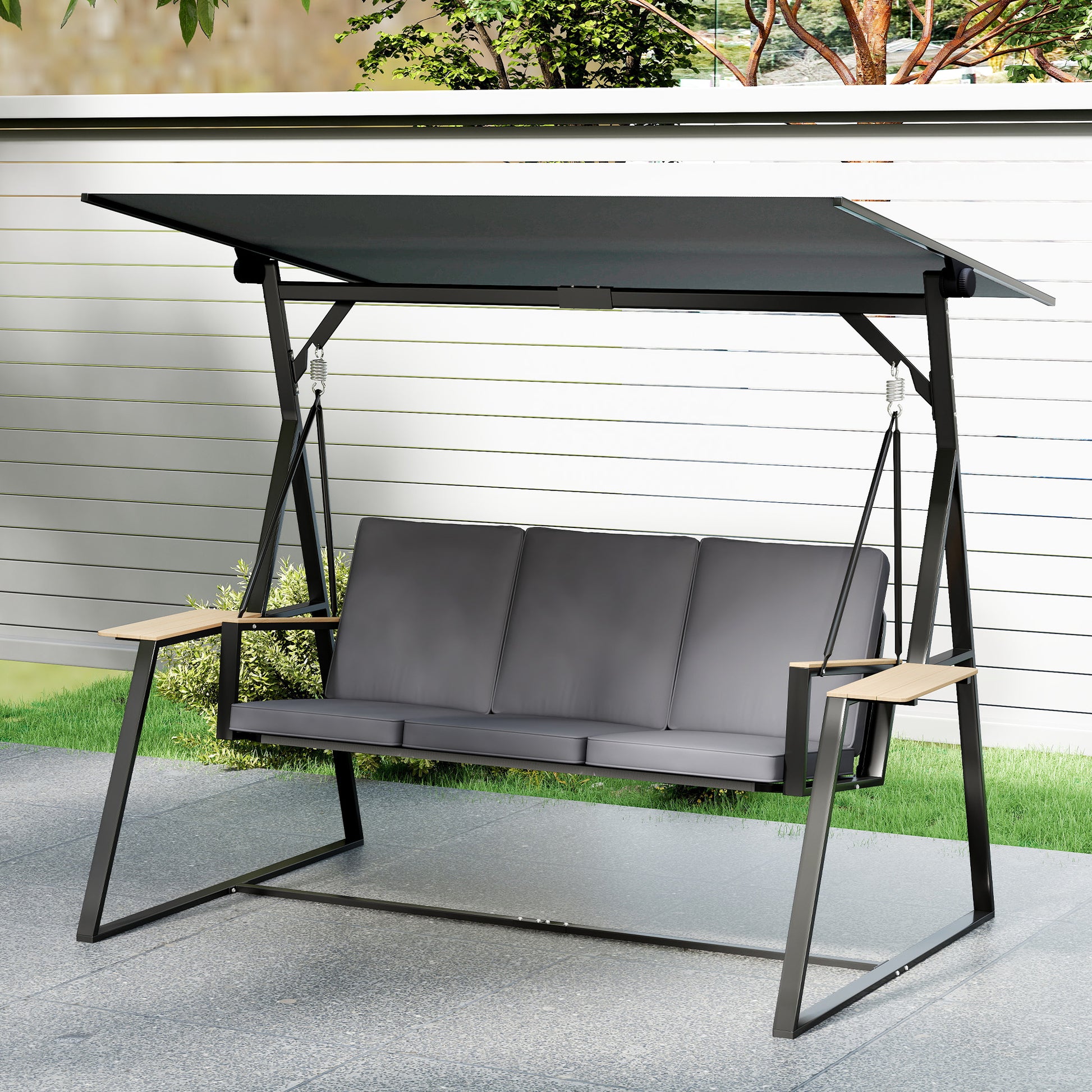 Outsunny Columpio De Jardín Exterior De 3 Plazas Con Techo Ajustable 2 Bandejas_4