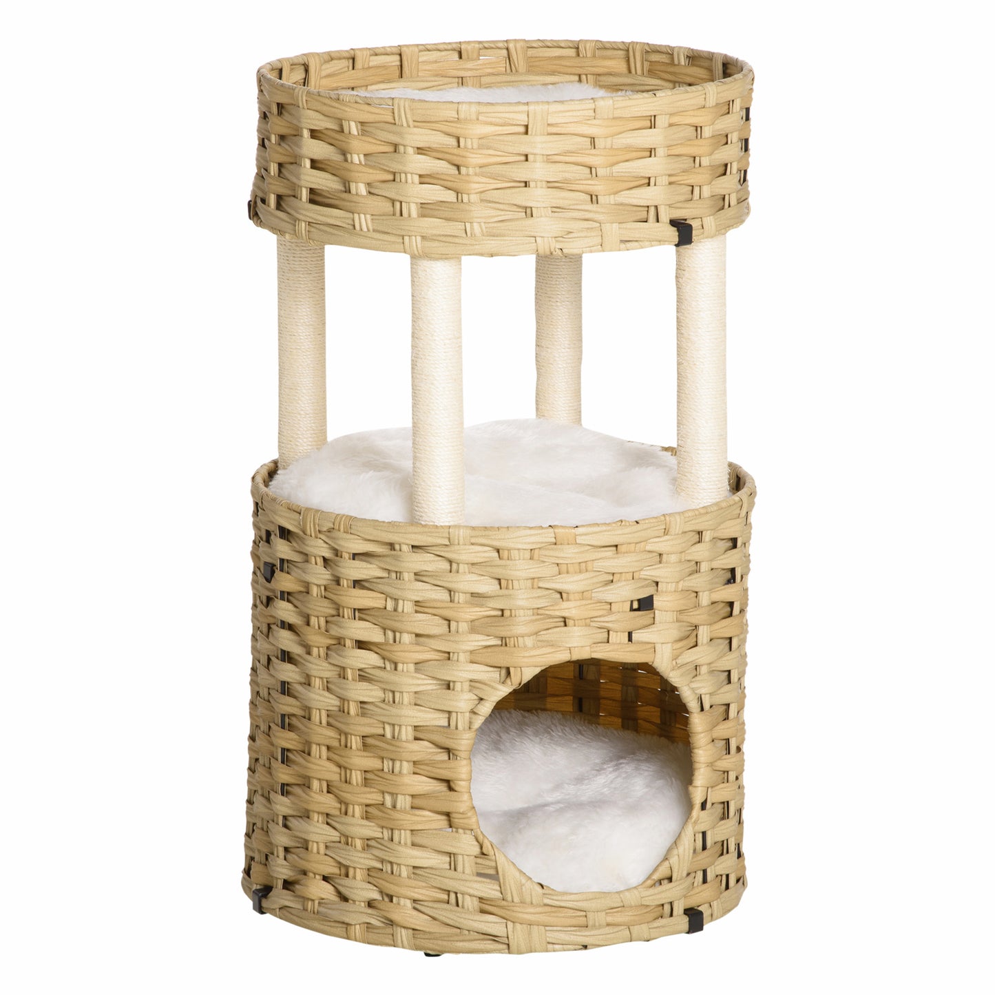 Pawhut Árbol Rascador Gatos De Ratán Con Cueva 2 Camas Postes De Sisal Y Cojines_0