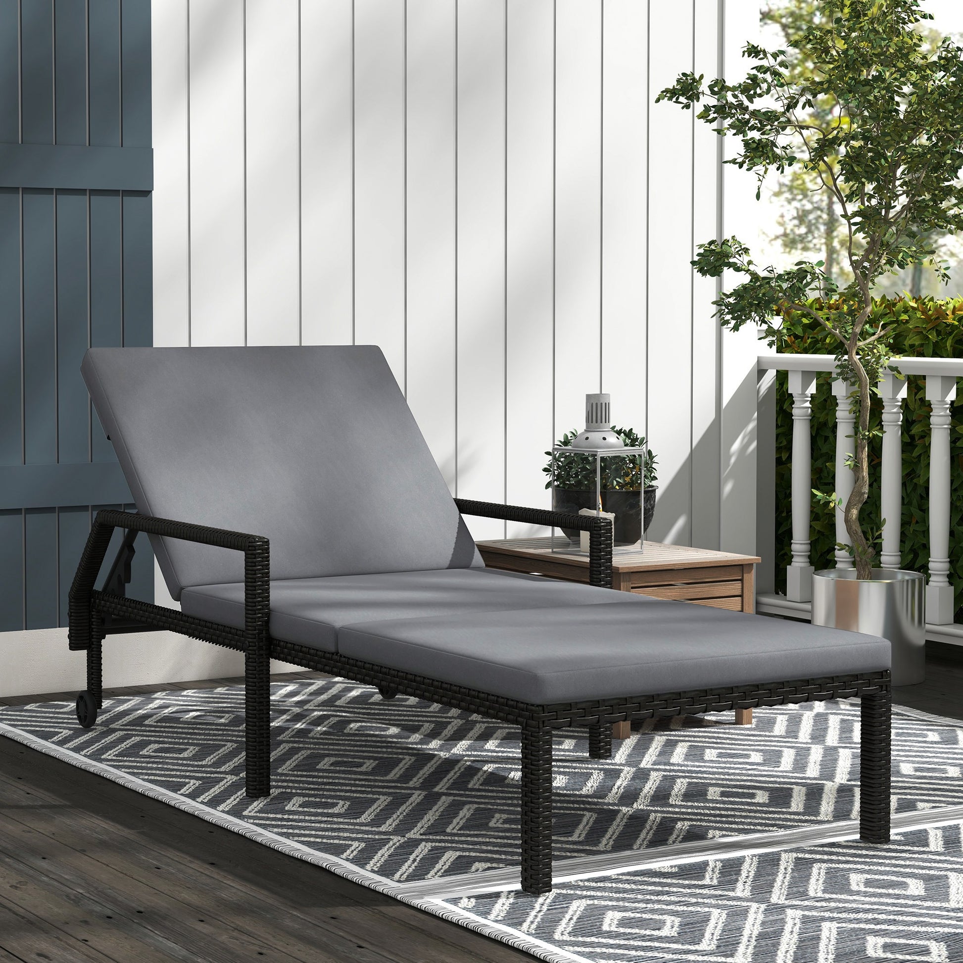 Outsunny Tumbona De Ratán Con Respaldo Ajustable 73x200x48cm Gris Claro Y Negro_1