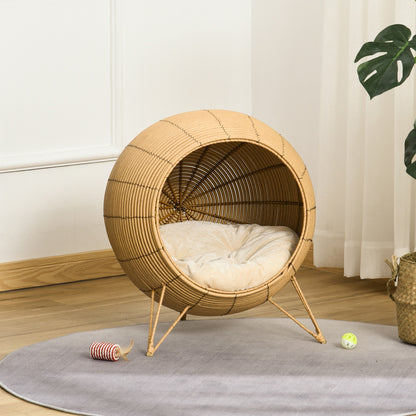 Pawhut Cama De Ratán Para Gatos Con Cojín Acolchado Y Base Trípode Elevado_3