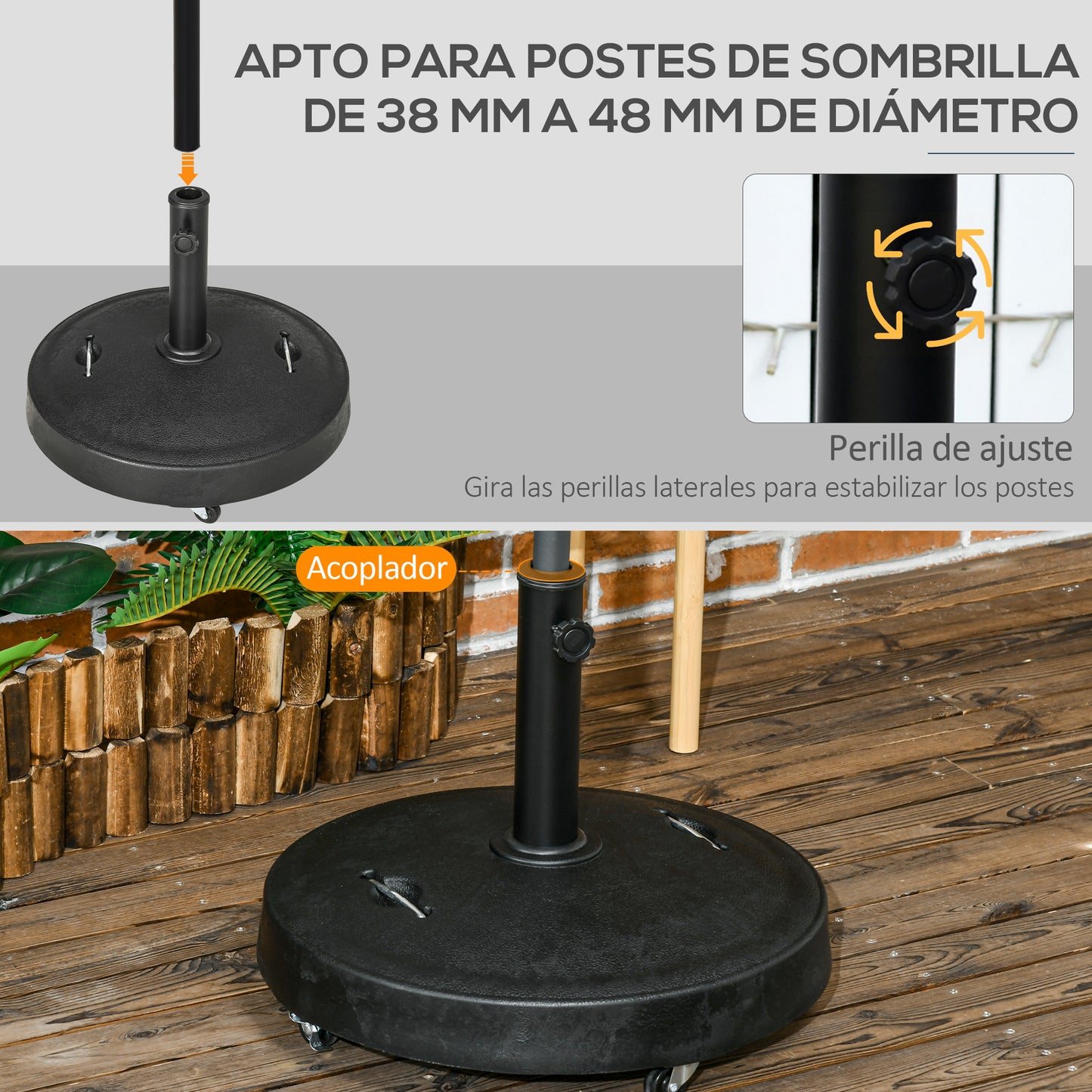 Outsunny Base De Sombrilla De Resina 25 Kg Con Ruedas Y Asa Retráctil Ø53x41cm_3