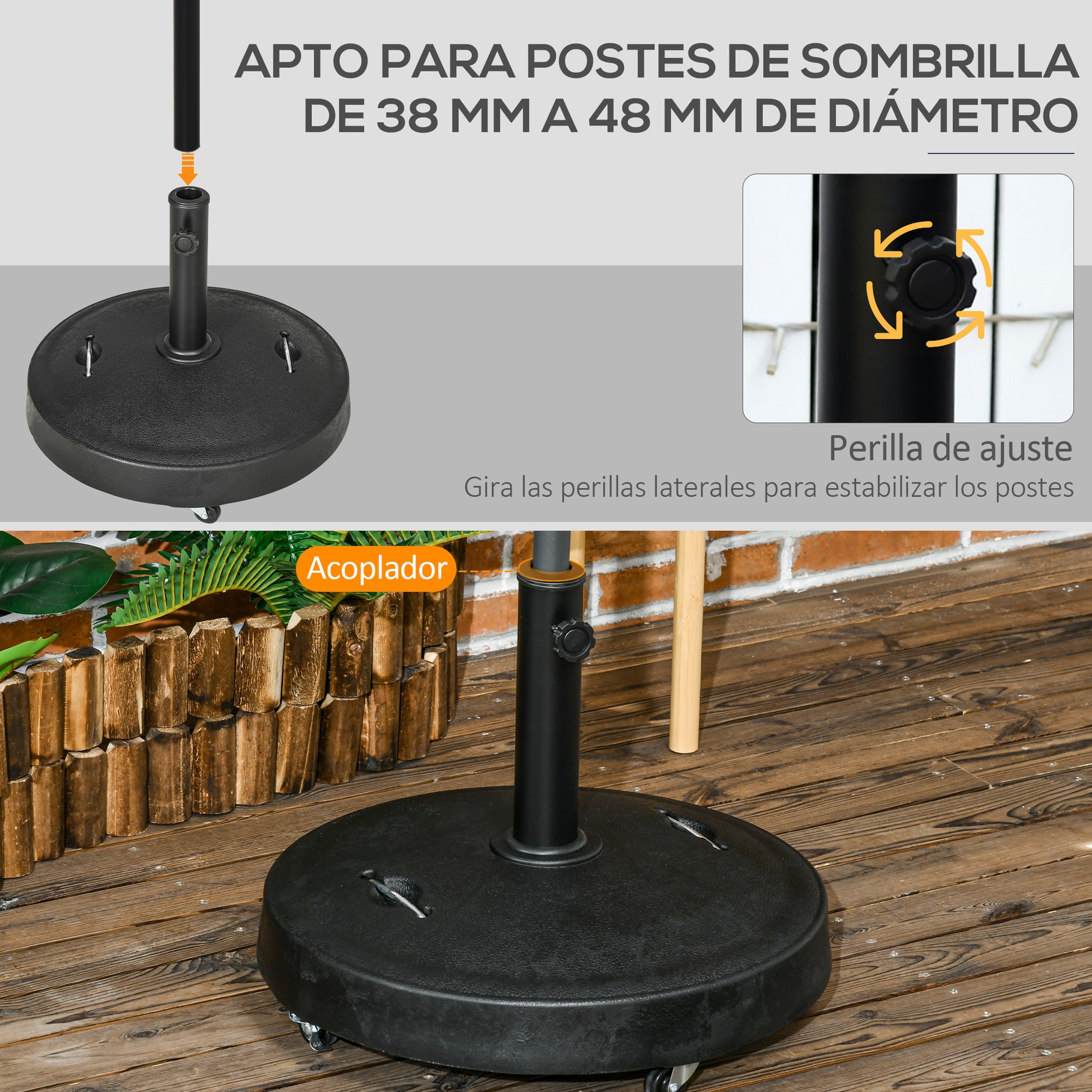 Outsunny Base De Sombrilla De Resina 25 Kg Con Ruedas Y Asa Retráctil Ø53x41cm_3