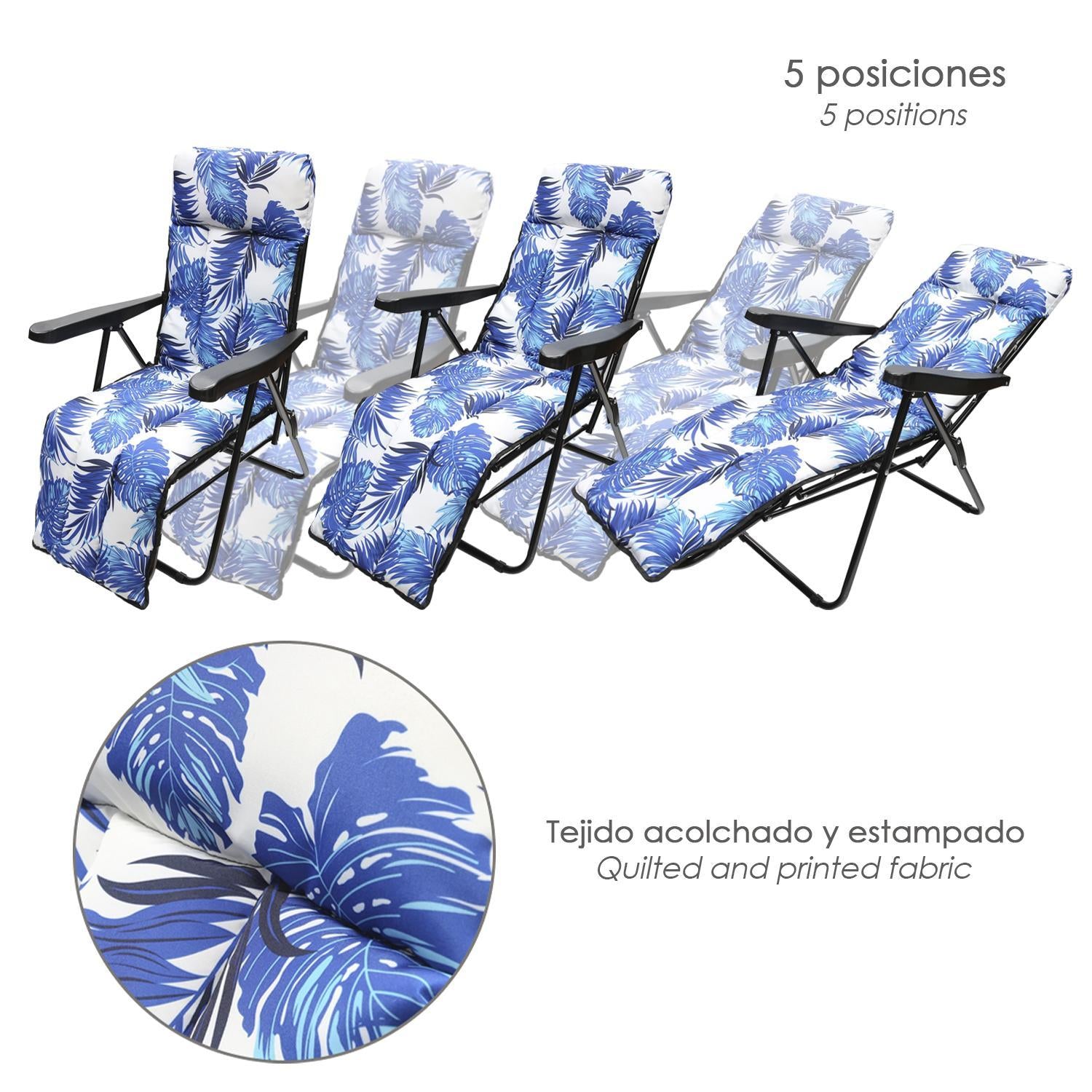 Silla Playa Acolchada, Estructura Acero Reclinable 5 Posiciones Con Reposapies, Silla Multiposición, Silla Con Reposabrazos_1