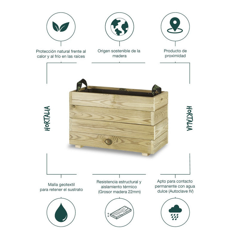 Jardinera Rectangular De Madera Tratada 60x30x40 Cm Ghio Hortalia_4